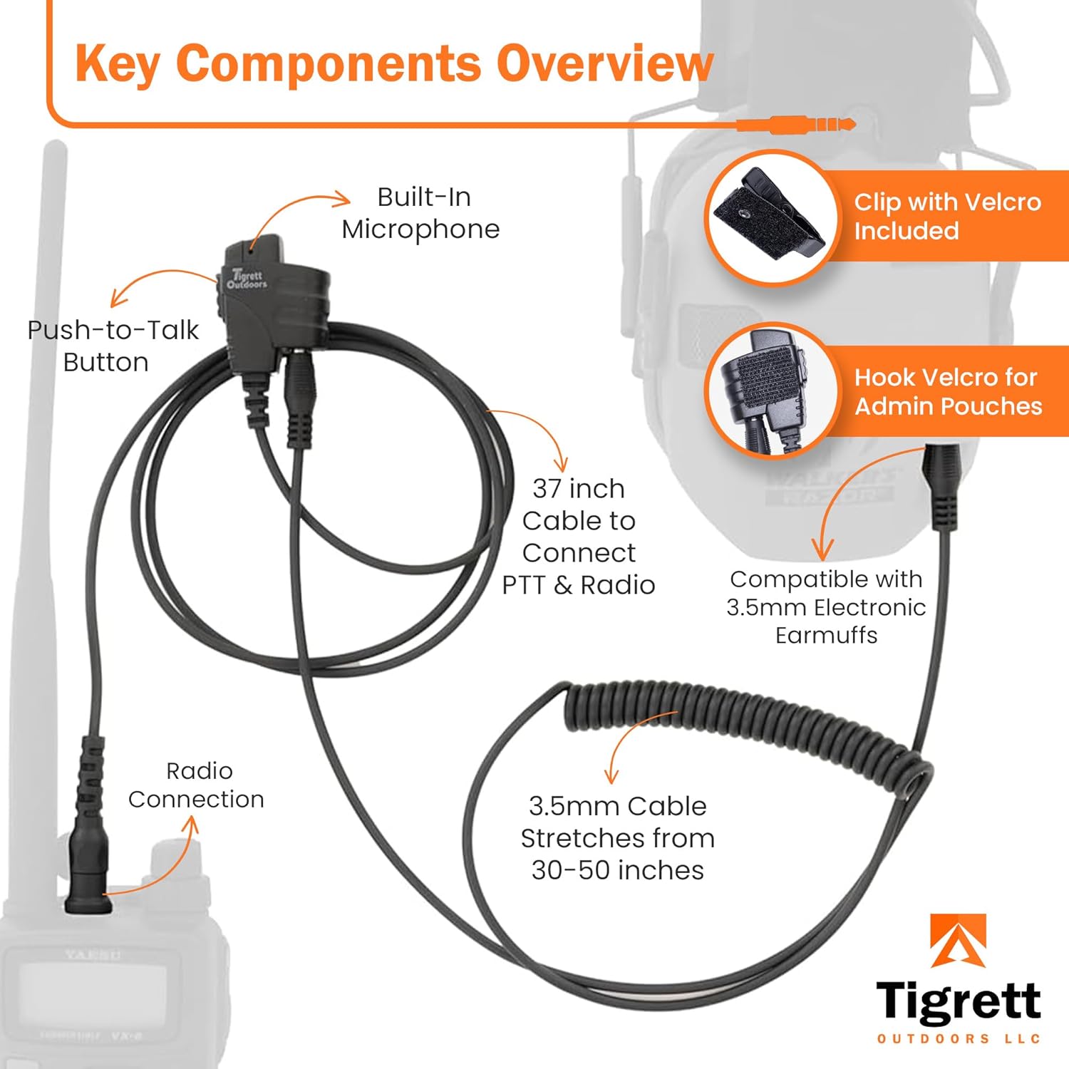 Tigrett Outdoors SMC Push-to-Talk Cable w/ 3.5mm Audio Cable Adapter for Yaesu VX-6R- PTT for Electronic Earmuffs - Hands-Free Radio Listening - Velcro Upgrade for Plate Carriers