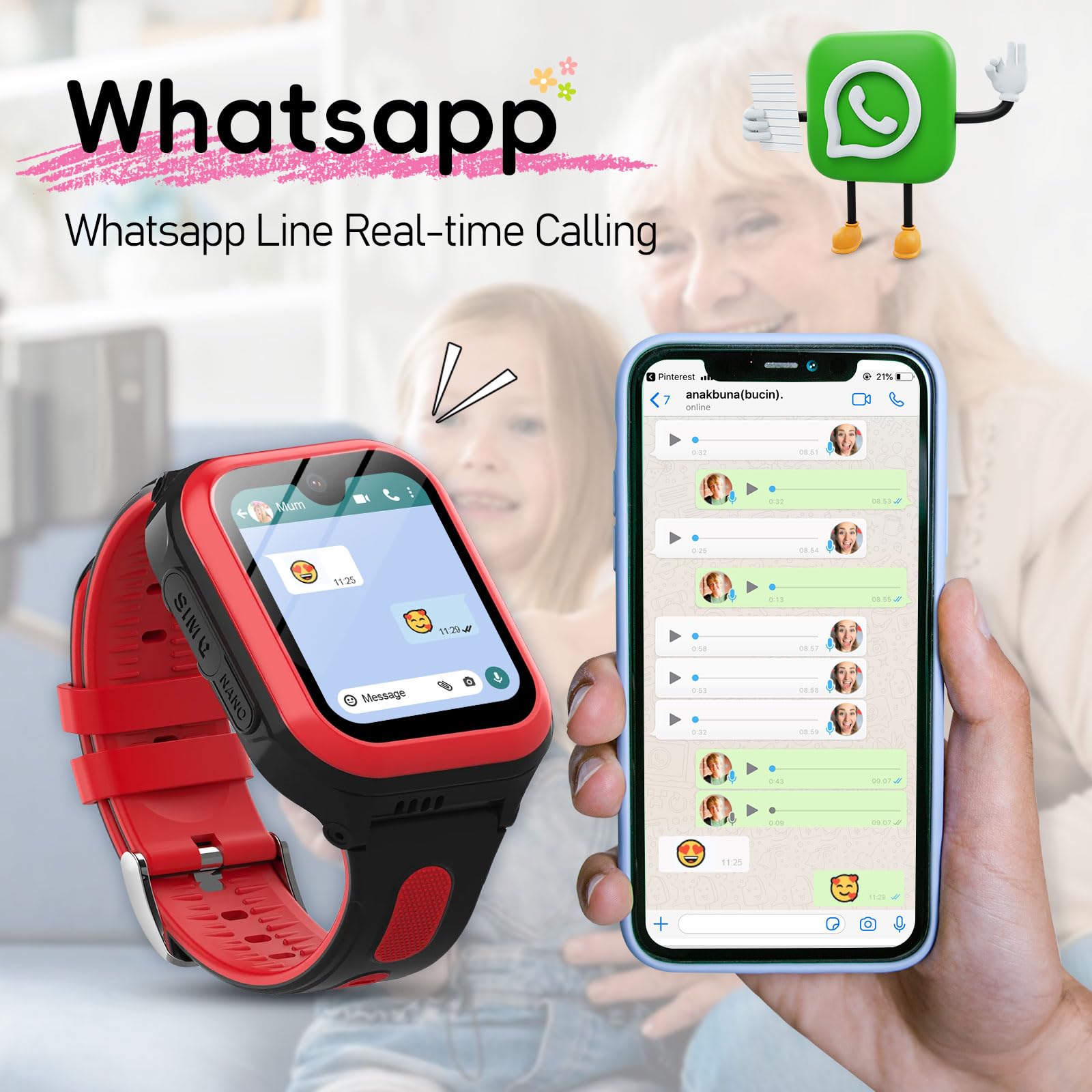 Wonlex 4G Smartwatch per bambini con scheda SIM, touch screen da 1,78 pollici, con videochiamate, chat vocale, SOS, fotocamera, musica, pedometro, regalo di compleanno per ragazze e ragazzi 8-12 anni