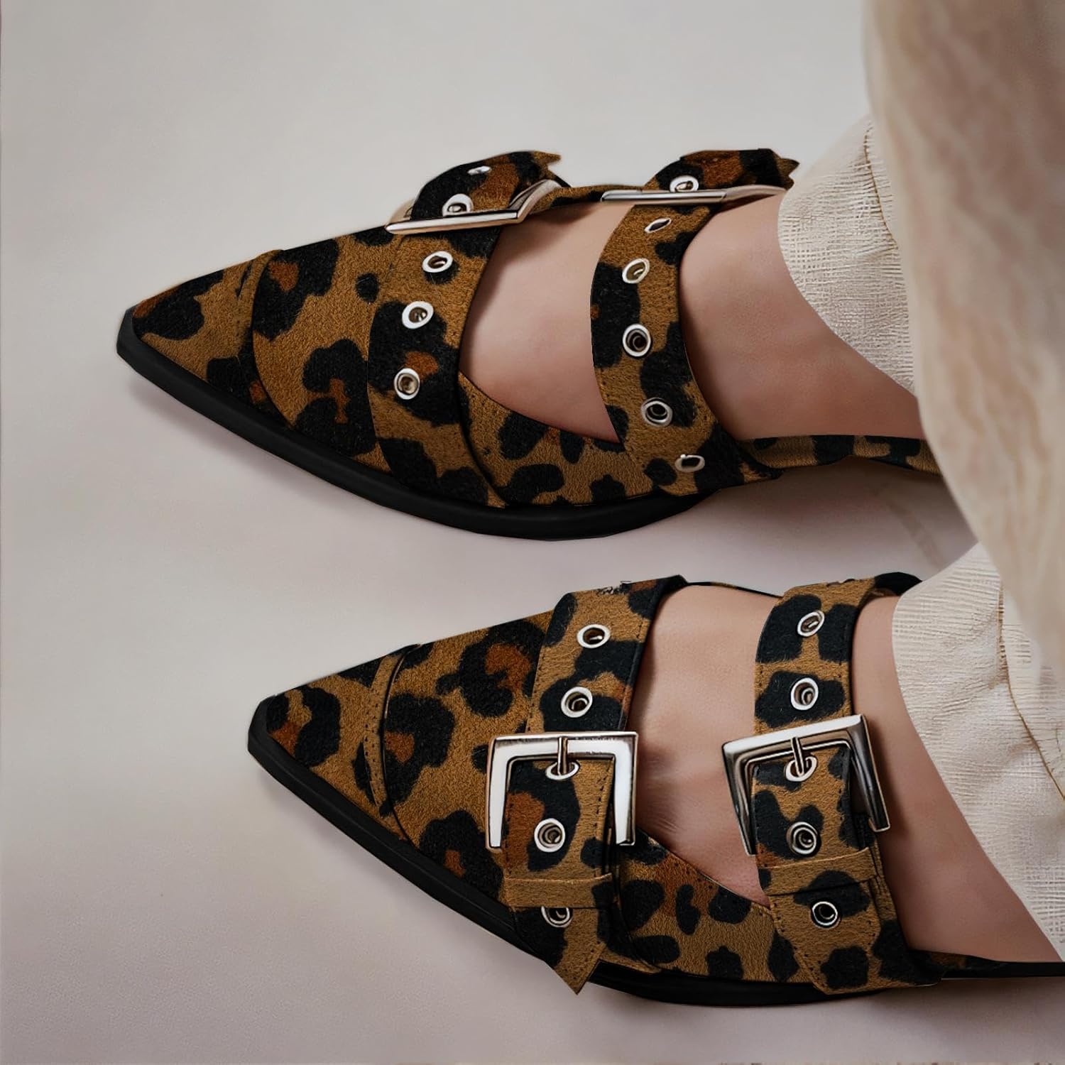 KaroNairy Women's Wide Buckle Ballet Flats, Pointy Toe & Square Toe Mary Jane Flats Slingback Comfortable Ballerina Flats Leopard Print