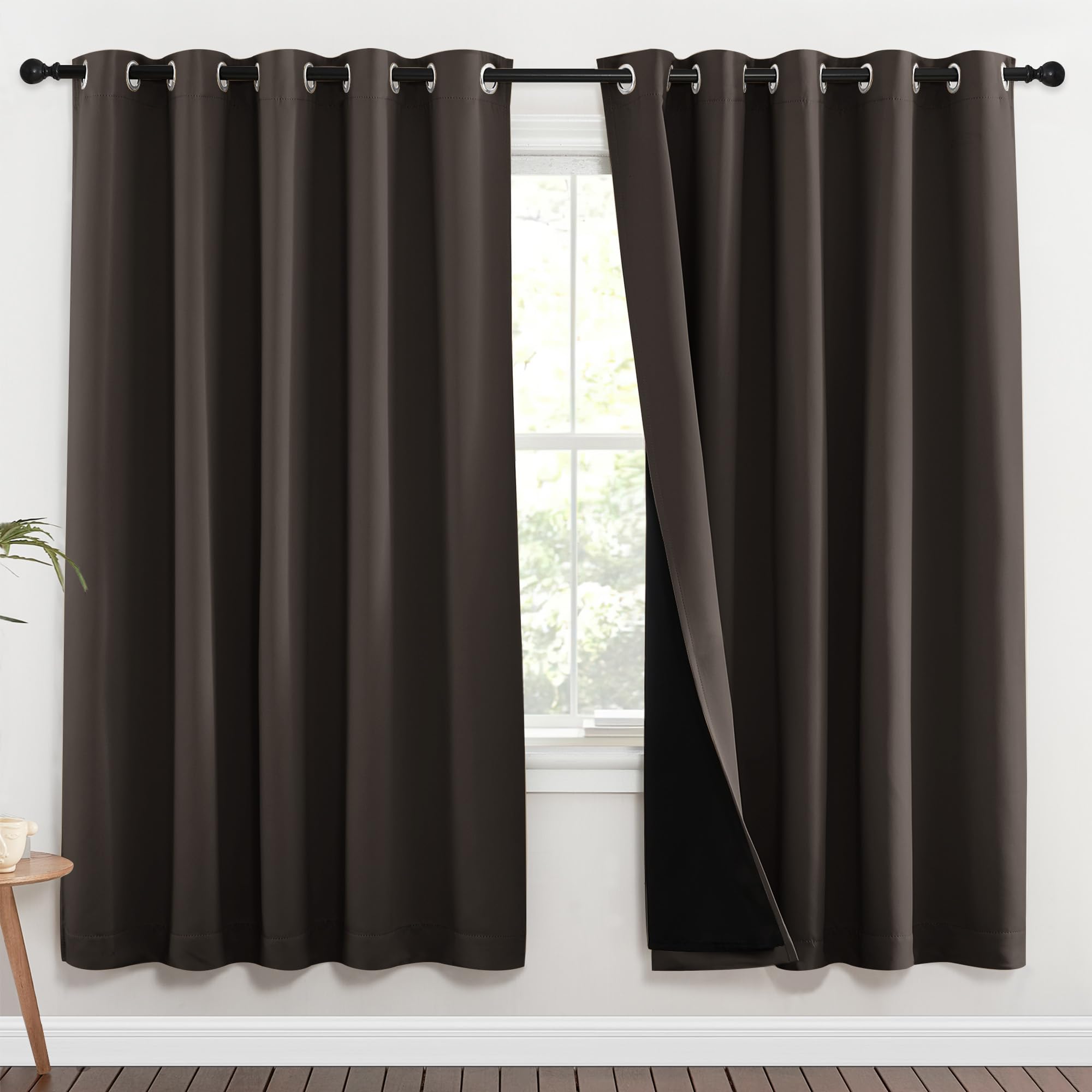 NICETOWN 100% Blackout Window Curtain Panels, Brown, 2 Pieces, 62-inch Wide Per Panel, Full Light Blocking Drapes with Black Liner for Nursery, 72-inch Drop Thermal Insulated Draperies