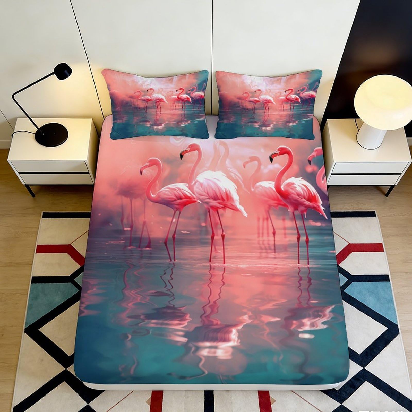 3D Printed Flamingo Sunset Fitted Sheet Microfiber Soft Pink Blue Bed Cover for Bedroom Dorm Mattress Decoration 90x200x25cm