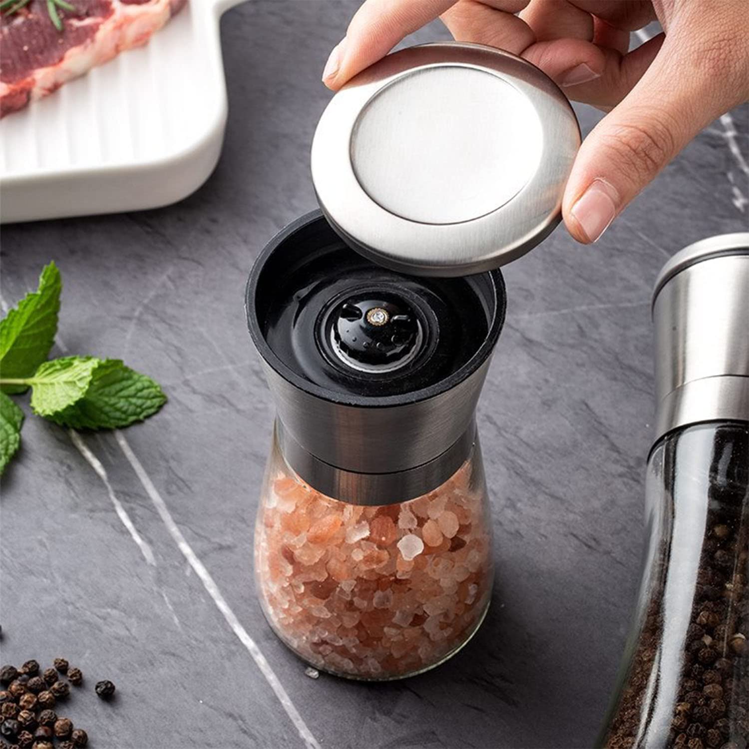 Molinillo de Pimienta y Sal Cuerpo de Vidrio de Acero Inoxidable Cepillado Agitadores de Especias de Viaje Tamaño de Grano Ajustable Tarro Recargable Regalos de Cocina