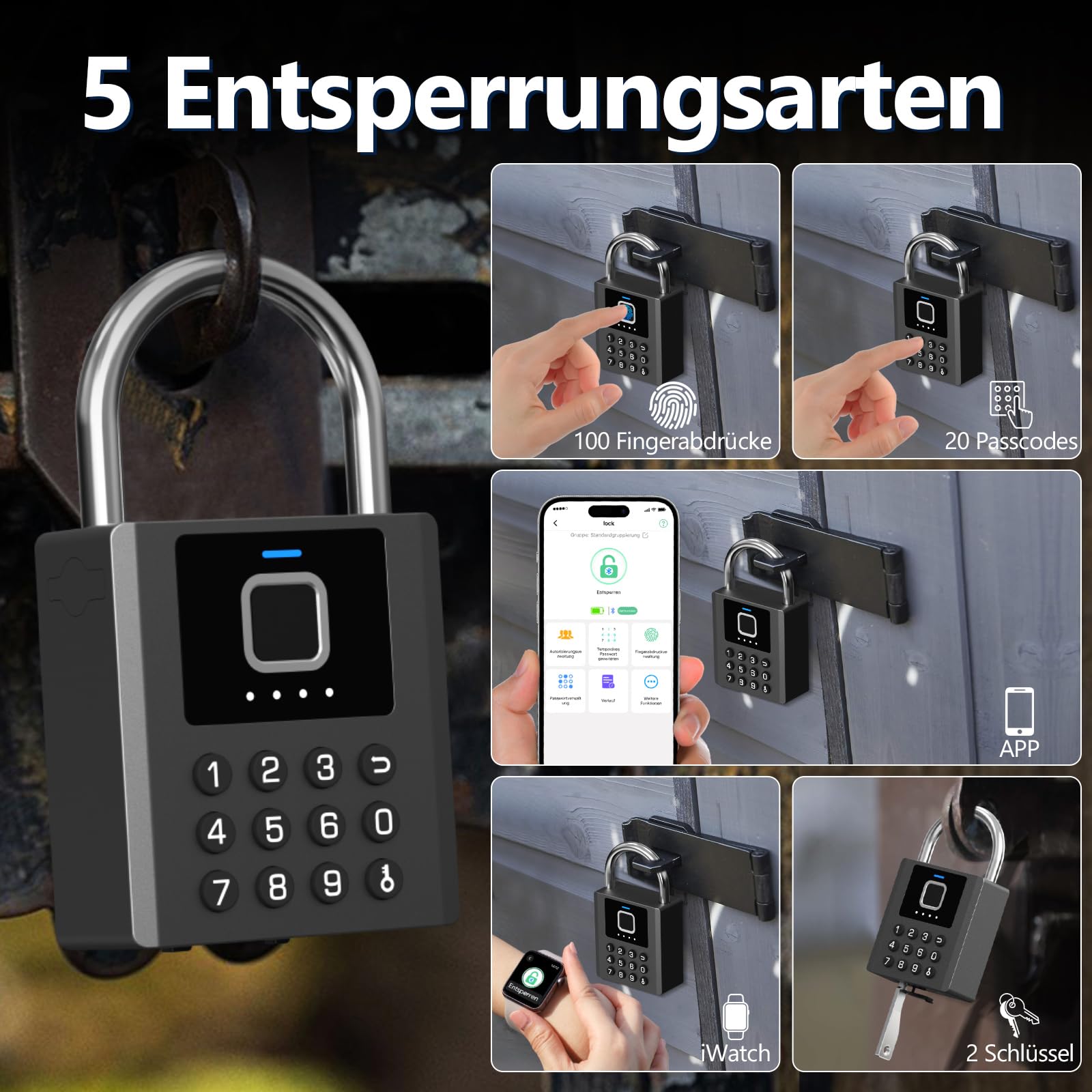 Anweller Candado de huellas dactilares con código numérico – Candado de combinación resistente a la intemperie con patillas de 8 mm – para puertas, vallas, cobertizos, garajes, jardines y taquillas