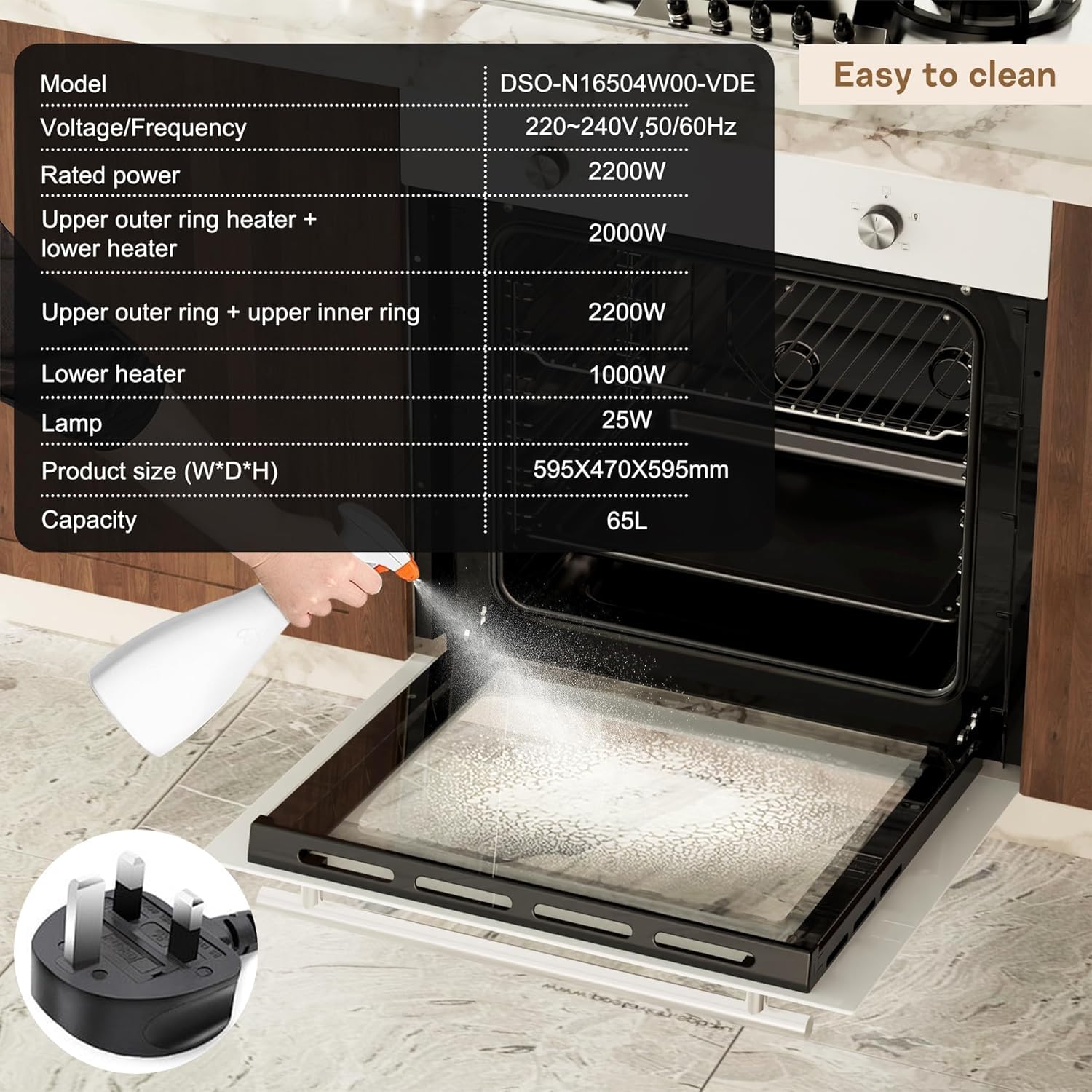65L Electric Oven, Built in Oven 60cm Wide - 4 Heating Mode 2200W, Ideal for kitchen beginners [Energy Class A] — view 3