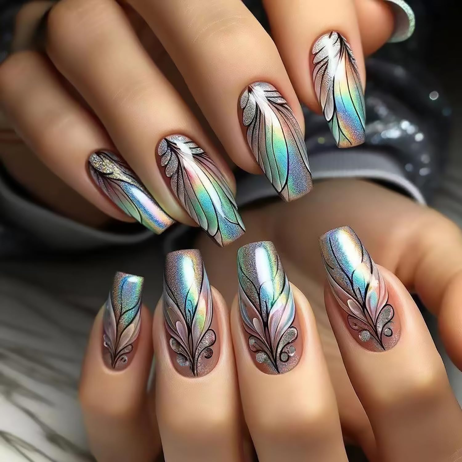 Tyuimhx Laser Gradient Press on Nails Medium Coffin Fake Nail With Glitter Designs Feathers False Nails Shine Full Cover Stick on Nail Laser Ombre