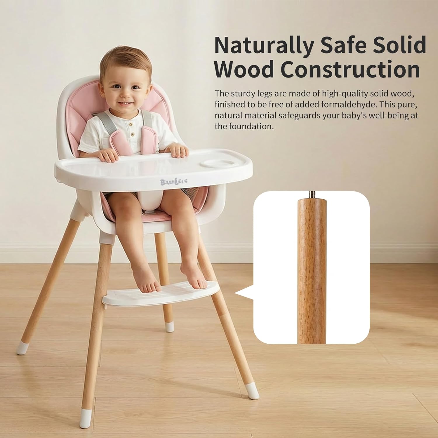 Baby High Chair, Wooden Highchair with Removable Tray, Adjustable Legs, Cushion, 5-Point Harness and Footrest for Infants, Baby, Toddlers, Pink