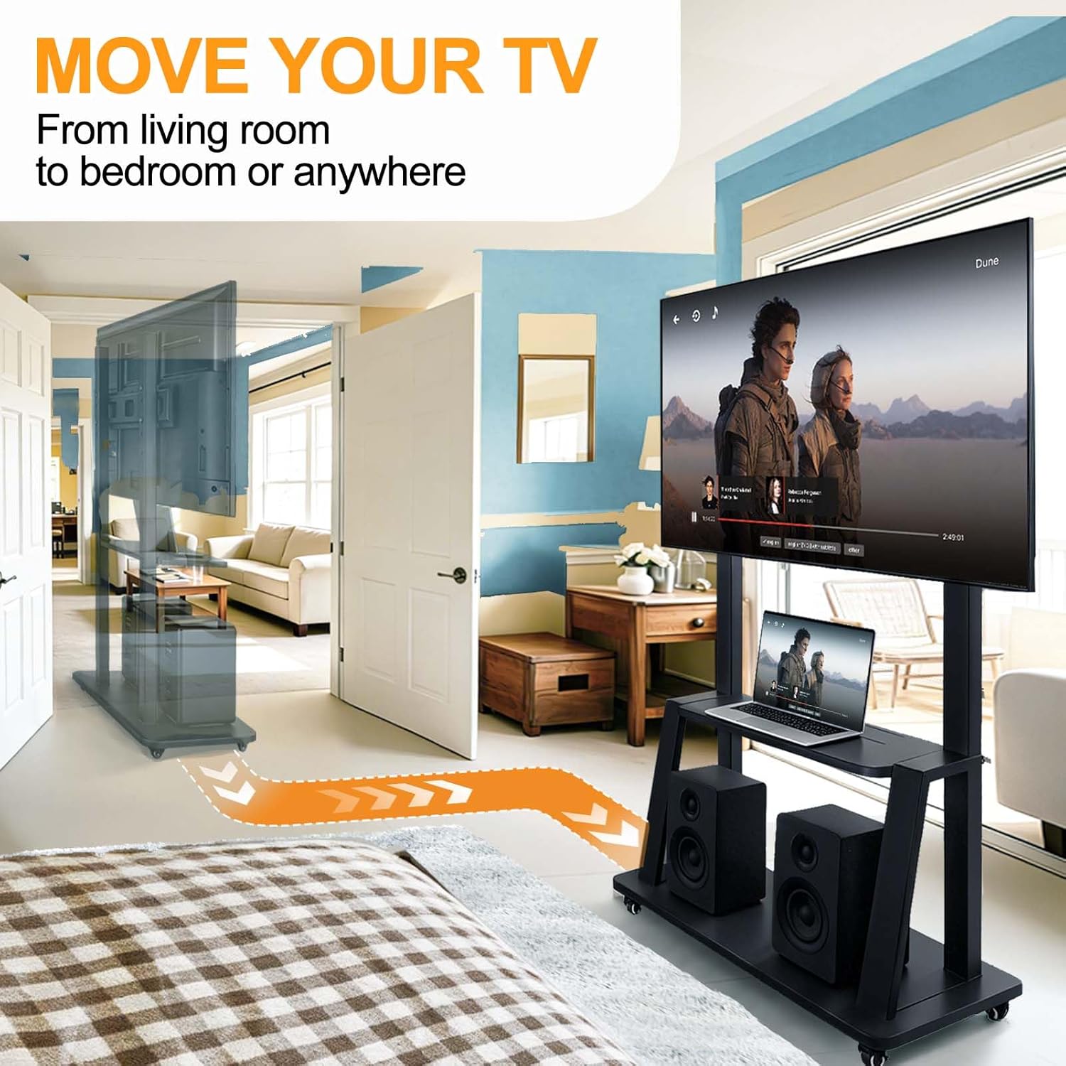 Mobile TV Stand for 32–75 Inch LCD LED Flat & Curved TVs, Height Adjustable Rolling TV Cart with Locking Shelf/Tray, Holds up to 110 lbs, Max VESA 600×400mm (Black, Carbon Steel)