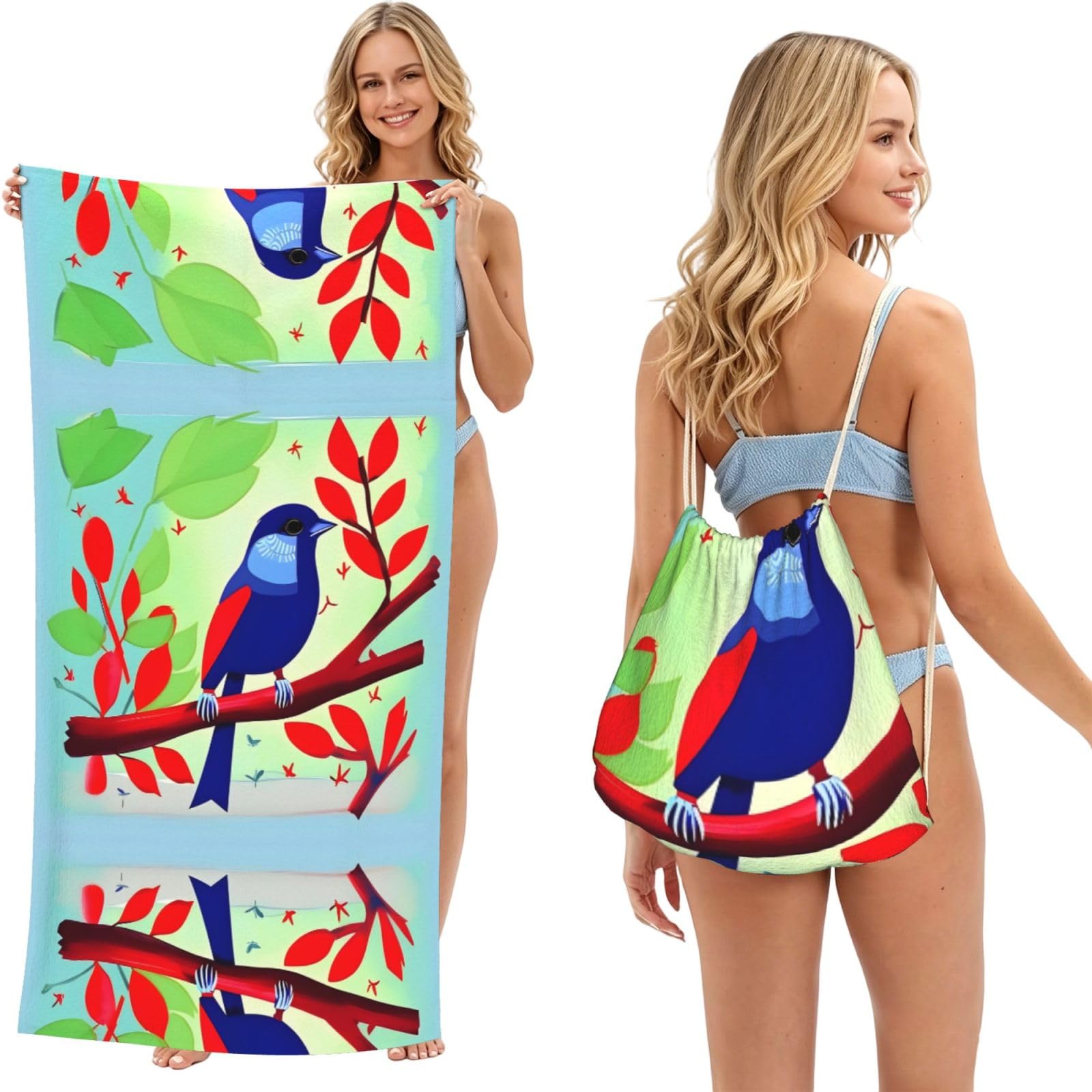 SXZVVBN Red Leaf Bird 2-in-1 Beach Towel Bag, Quick Dry Sand Free Travel Towel Backpack for Adults