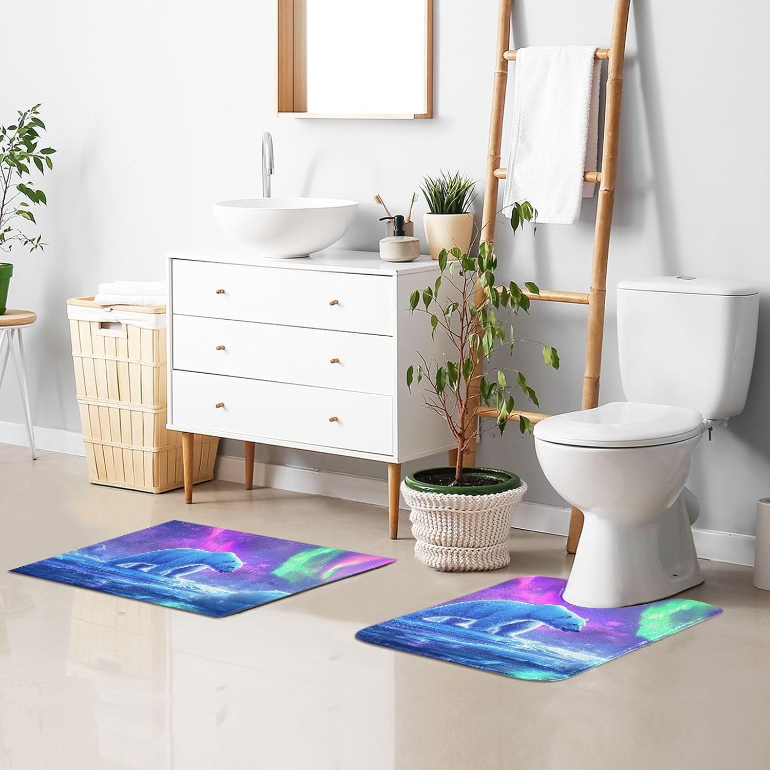 Bathroom Rug Northern Light Polar Bear Print Plush Absorbent Bath Mats with Anti Slip Bottom for Floor Toilet Tub and Shower-Set of 2