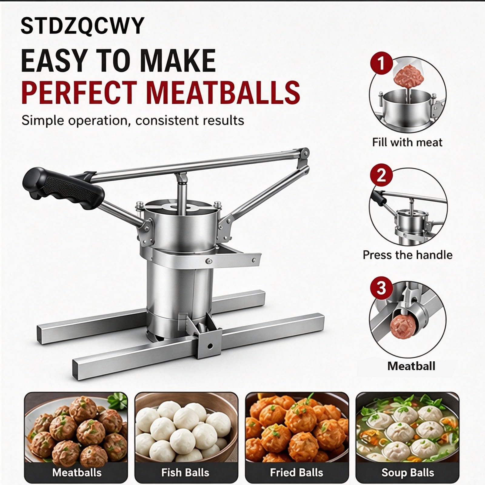 Macchina Manuale per Polpette, con Impugnatura Antiscivolo in Gomma, Asta di Pressione Rinforzata E Ispessita, 3 Stampi di Diverse Dimensioni, Ideale per Polpette di Manzo, 22mm