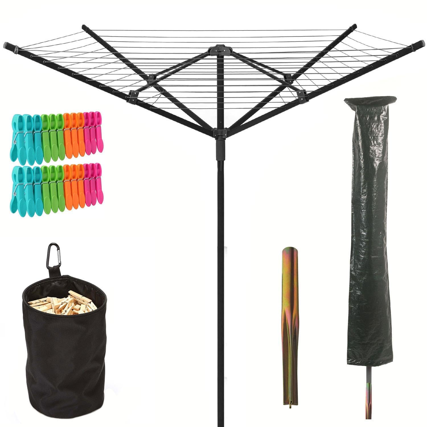 Greenfields 50M Rotary Airer Clothes Line 4 Arms For Laundry Drying Washing Outdoors Garden | Heavy Duty | Washing Line With Free Ground Spike, 24pcs Clothes Pegs, Cover & Pegs Bag, Black