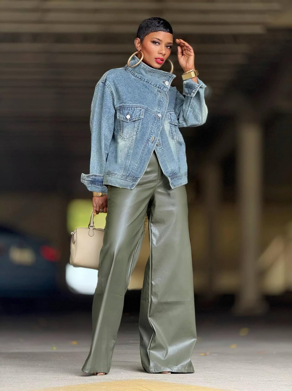 Oversized Denim Jacket Women Casual Long Sleeve Button Down Stand Collar Asymmetric Jean Jacket Streerwear