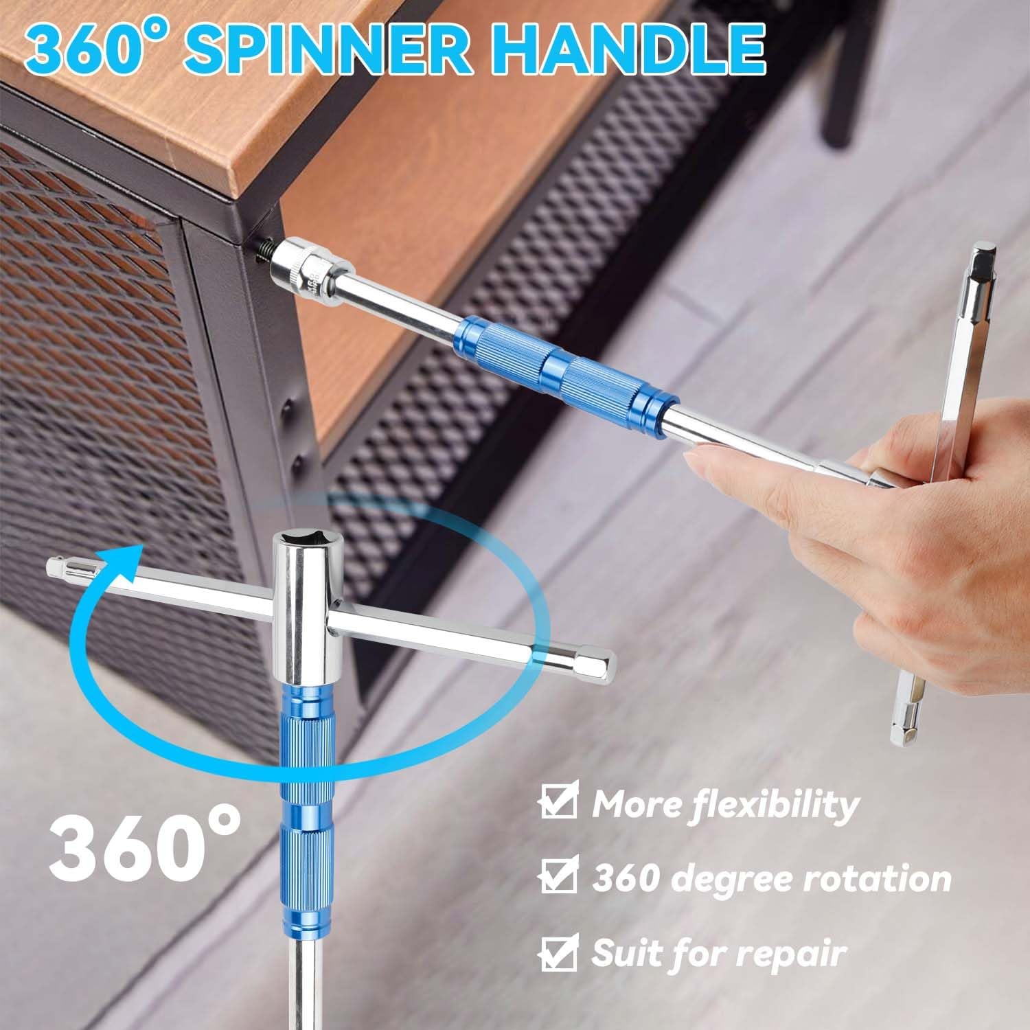 YAKAMOZ 360° Spinner T Handle Wrench - Adjustable 3-Way T-Handle Hex Allen Key Wrench with 1/4’’ 3/8’’ 1/2’’ Drive Adapters T Handle Socket Driver for Car Motorcycle and Home Repair, Cr-V Steel