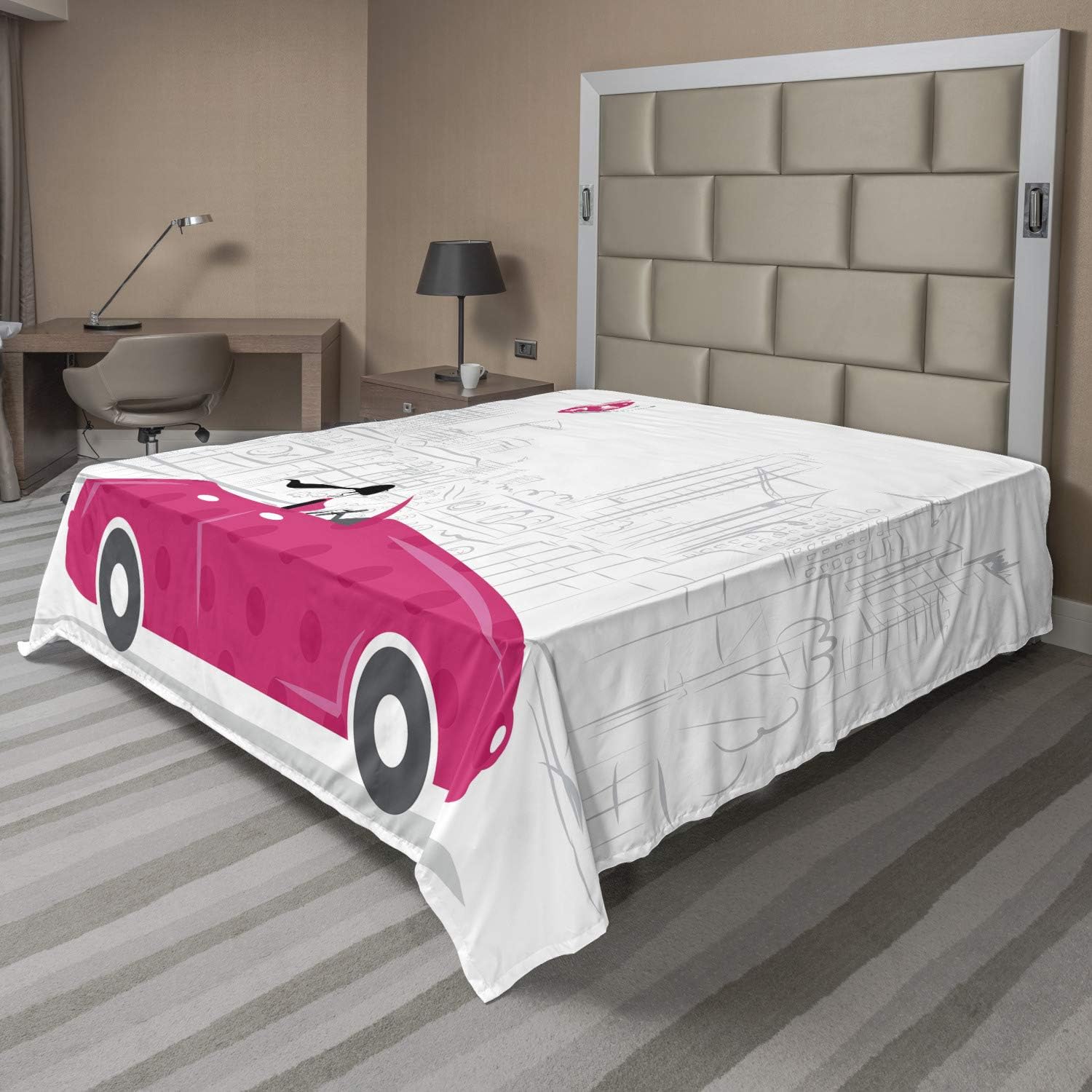 Ambesonne Cars Flat Sheet, Woman Driving Pink Vintage Car Sketchy Cityscape and Butterfly Girls Cartoon, Soft and Comfortable Top Sheet Decorative Bedding 1 Piece, Full Size, Hot Pink Grey Black