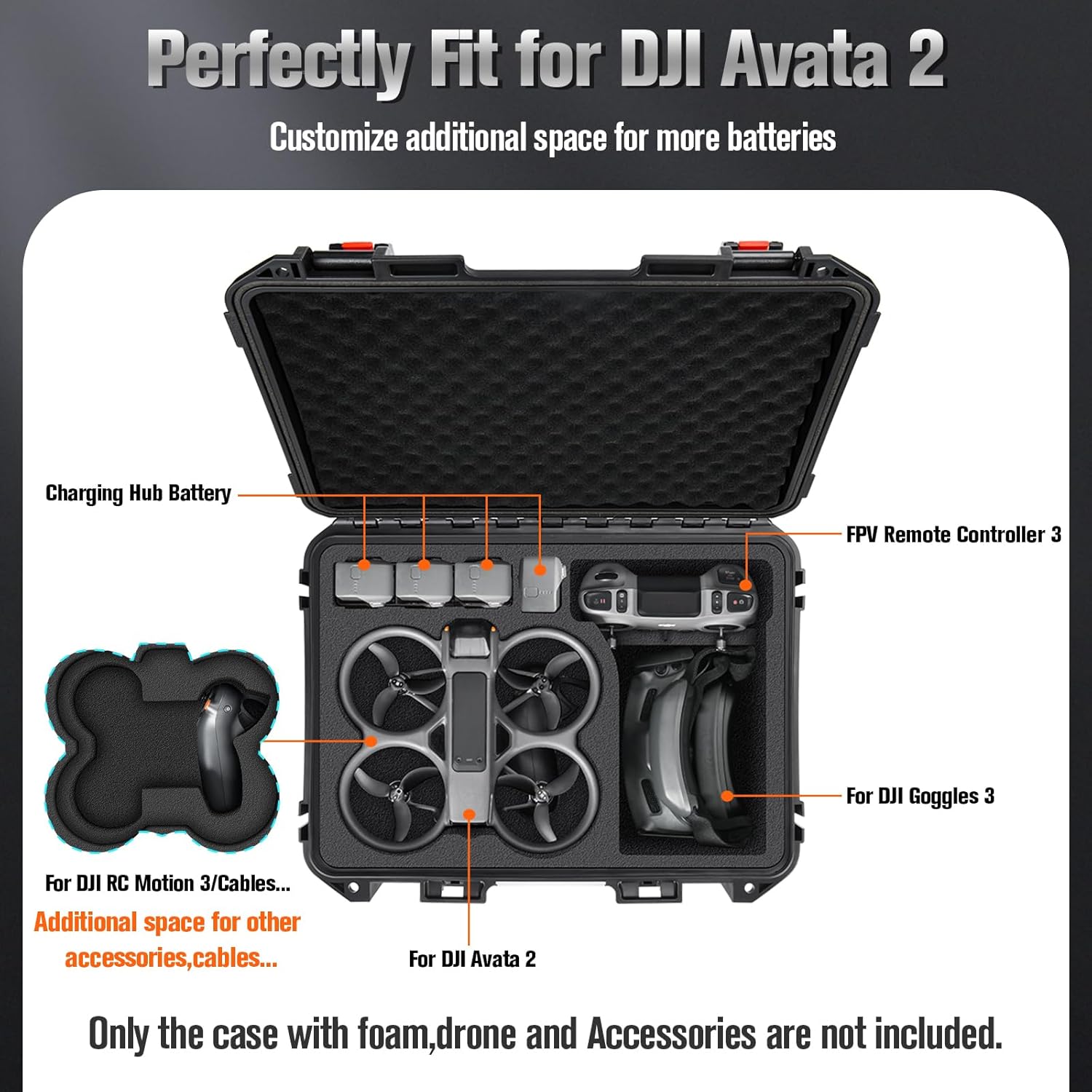 Incomplete  Case for DJI Avata 2 Drone Combo - Waterproof Hard Cases with Foam for Avatar 2 Fly More Combo/Goggles 3/RC Motion 3/FPV Remote Controller/Batteries, Fits for DJI Drone Accessories (Only Case)