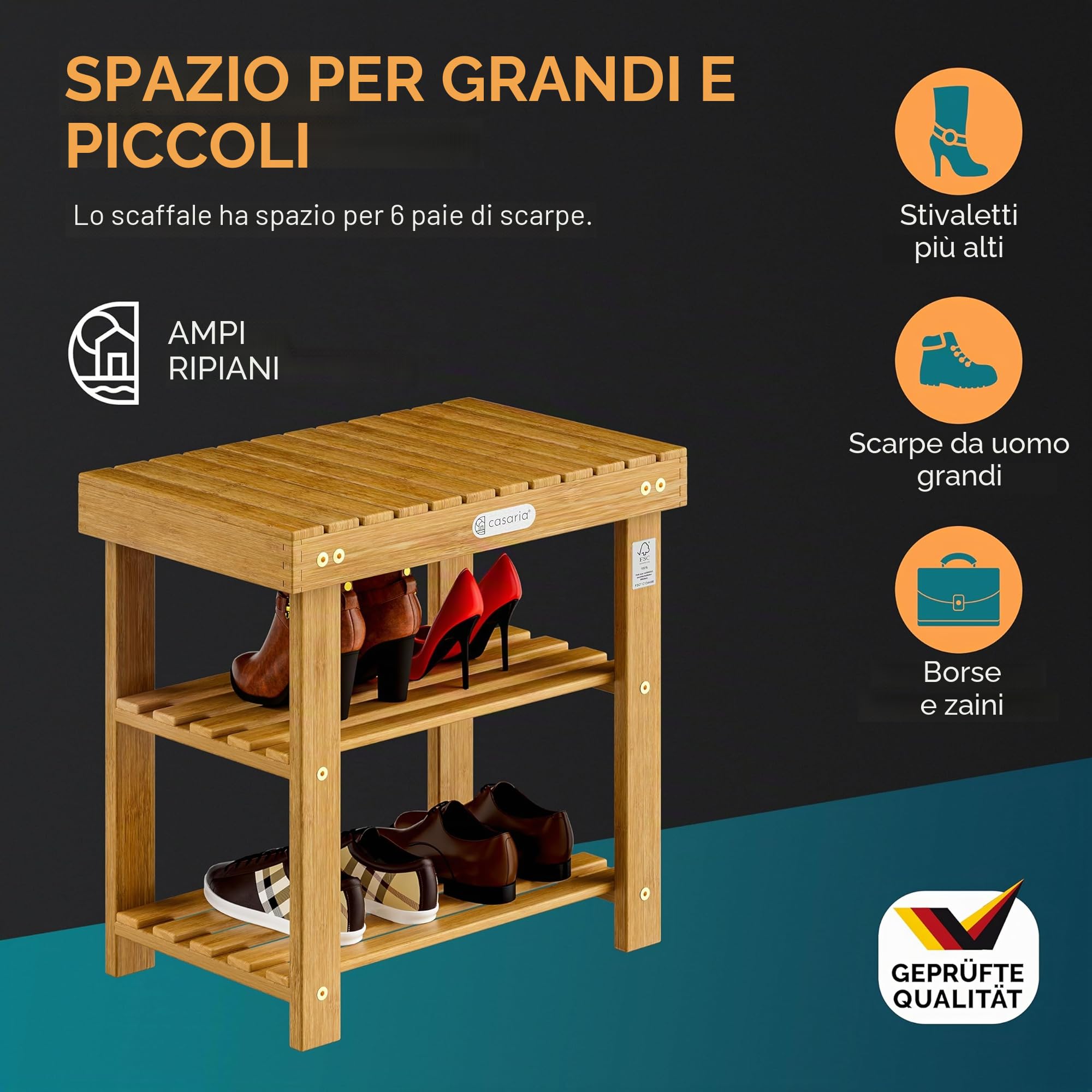 Casaria® Scarpiera con Seduta in Legno Capacità 160 kg Certificata FSC® Acacia 3 livelli Panca Bagno Corridoio Marrone