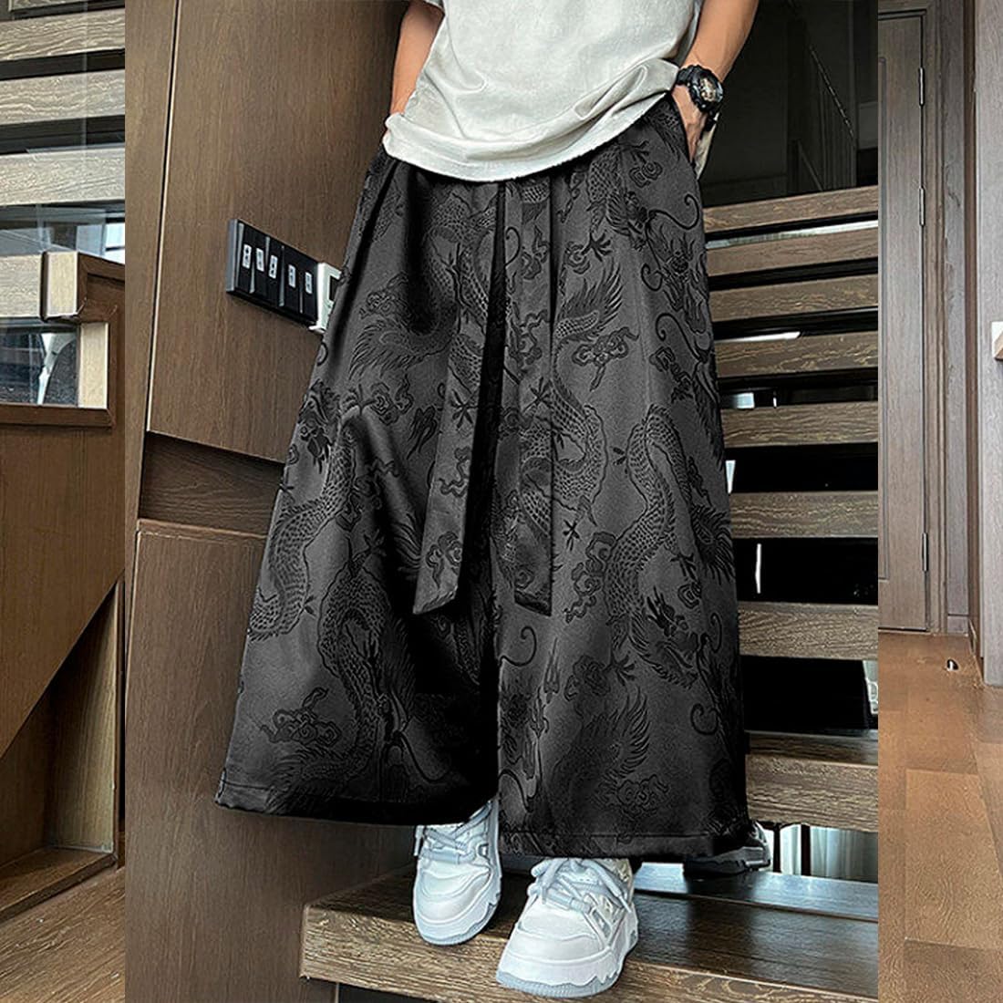 HZCX FASHION Mens Womens Baggy Relax Wide Leg Palazzo Pant Dragon Satin Kung Fu Slacks Casual Trousers Lightweight Yoga Pants