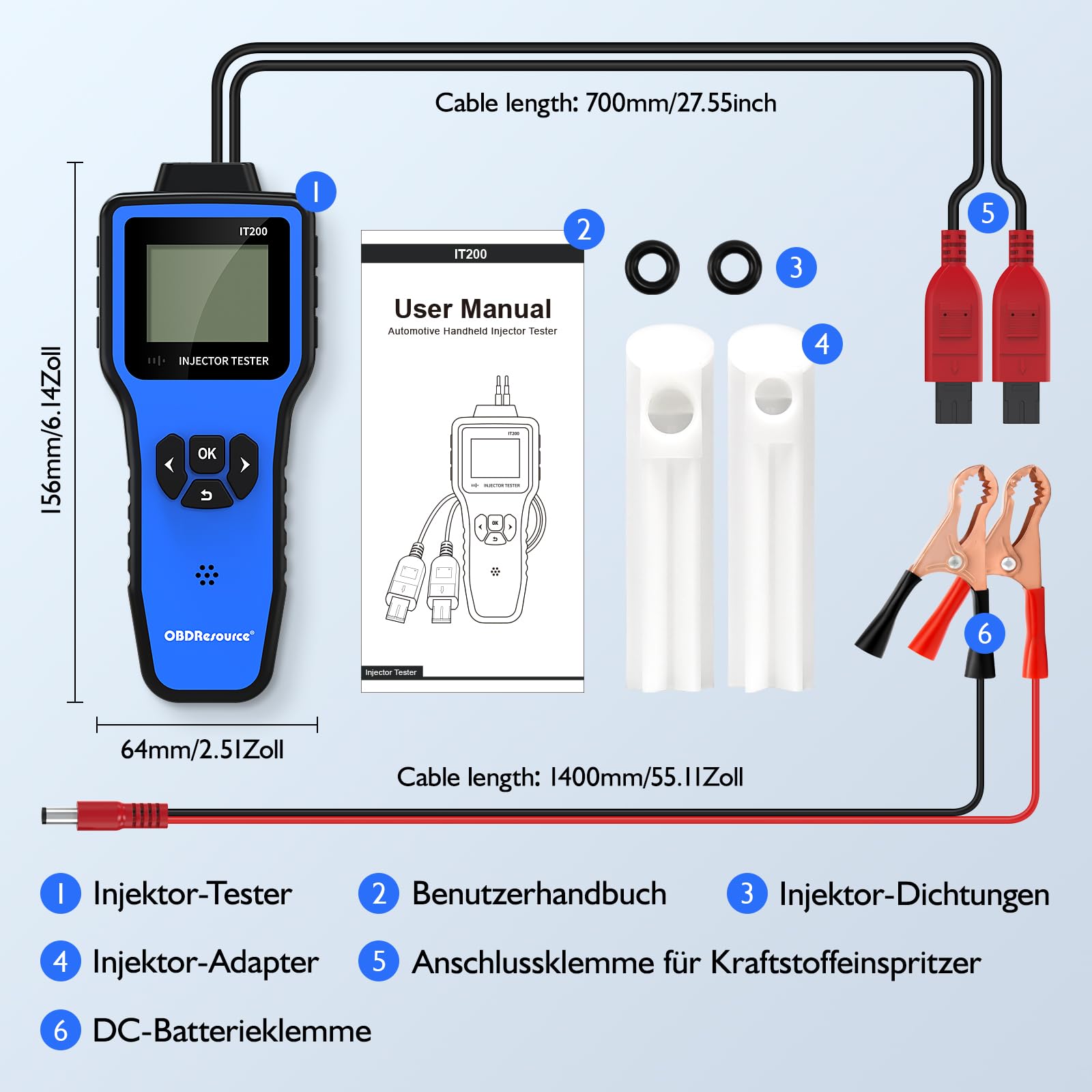 OBDResource Digitaler 5V/12V Diesel Benzin-Einspritzdüsen-Tester mit 5 Test-Modi und HD-Display, 2 Einspritzdüsen-Reiniger-Adapter
