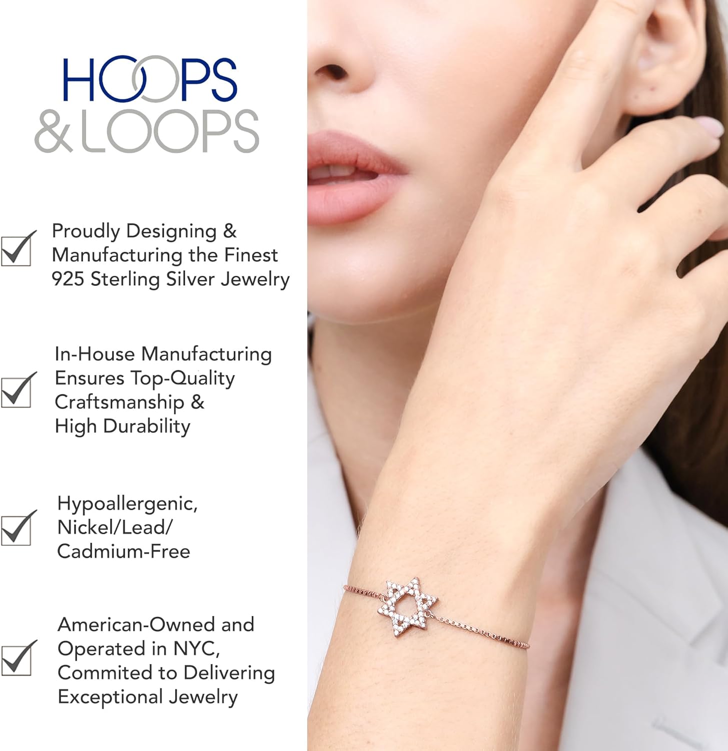 Hoops & Loops Sterling Silver Cubic Zirconia Star of David Adjustable Bracelet