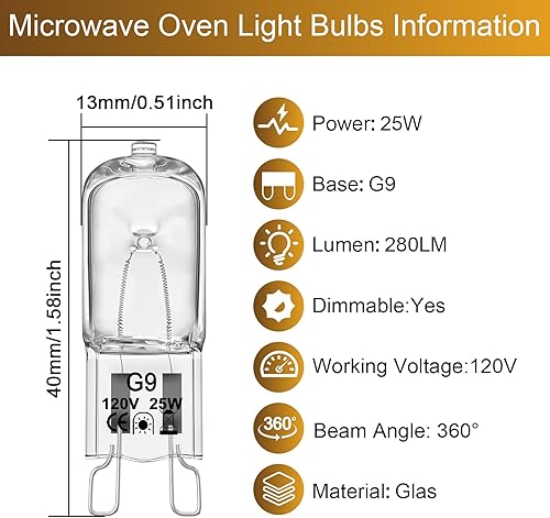 Miniatura 4 de W10709921 - Bombilla para horno microondas Whirlpool, resistente a altas temperaturas a 572.0 F, bombilla G9 de 120 V 25 W, compatible con