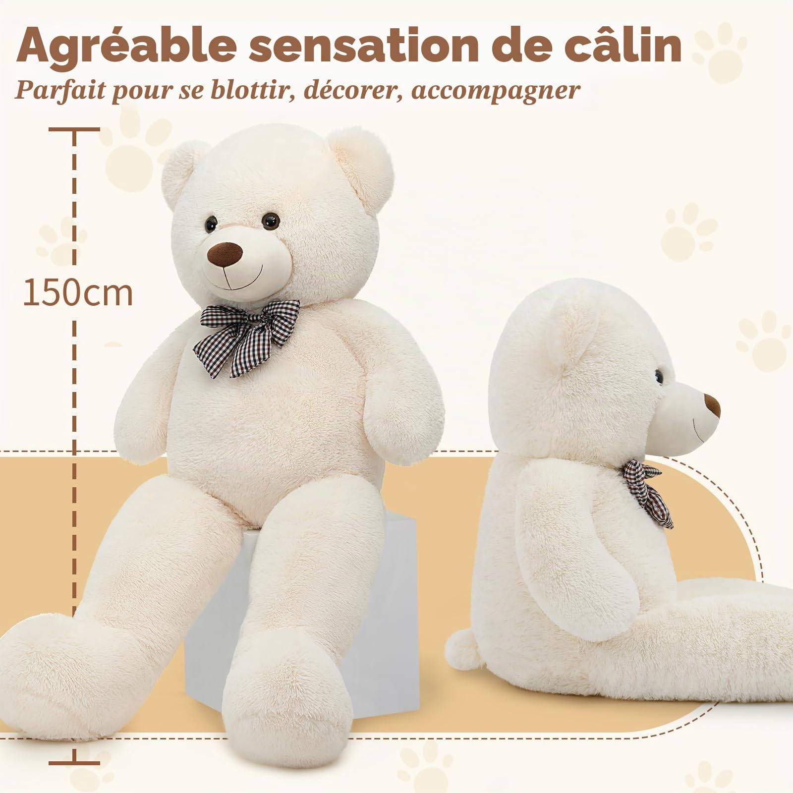 MorisMos Peluche Ours Geant XXL 150cm, Kawaii Nounours en Peluche Geante Ivoire Doux, Grand Doudou Teddy Bear Douce Câlin Cadeau Mignonne pour Femme Enfant Filles Saint Valentin Anniversaire Mariage