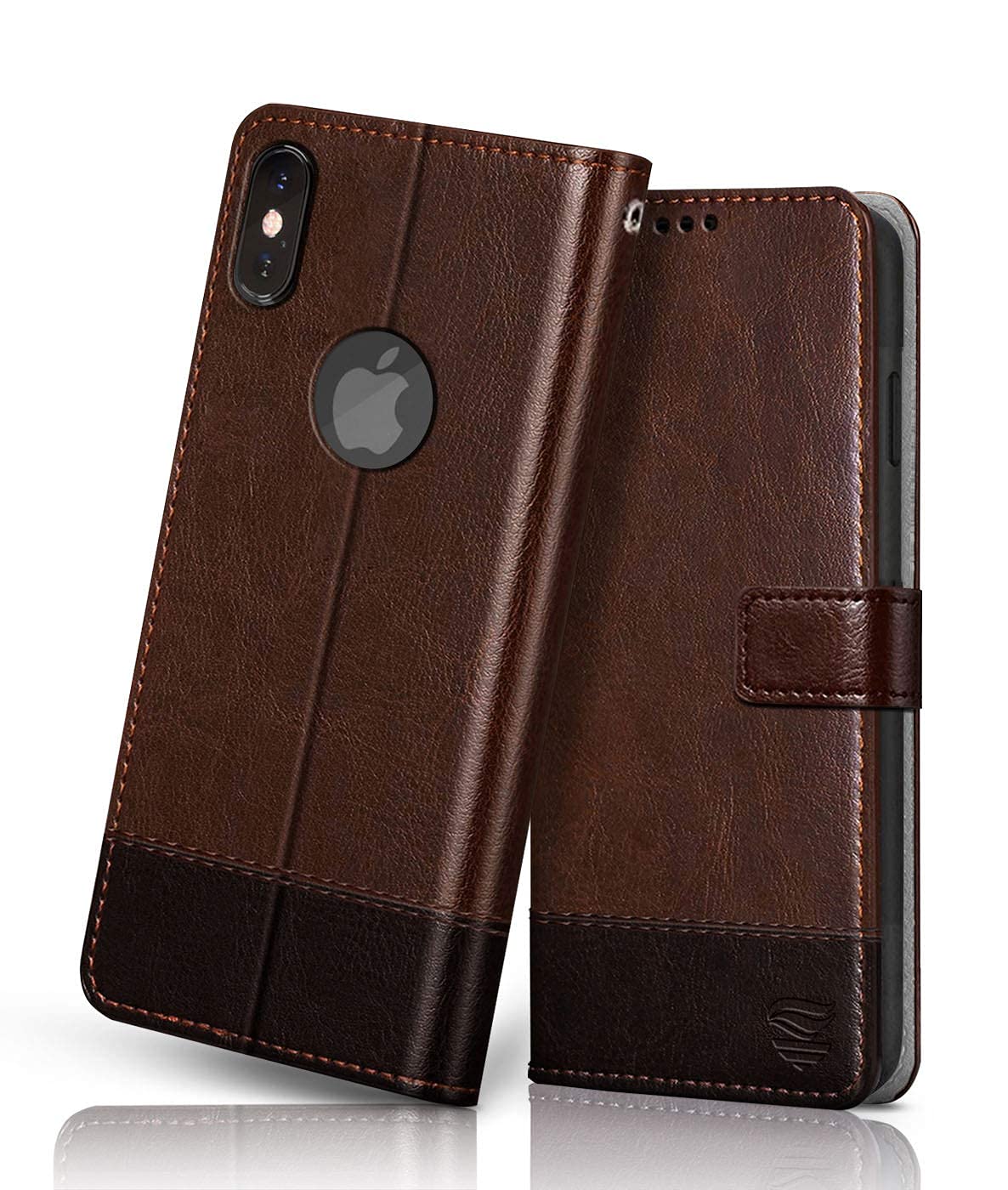 FLIPPED Vegan Leather Flip Case Back Cover Compatible with iPhone Xs Max (Flexible, Shock Proof | Hand Stitched Leather Finish | Card Pockets Wallet & Stand | Brown with Coffee)