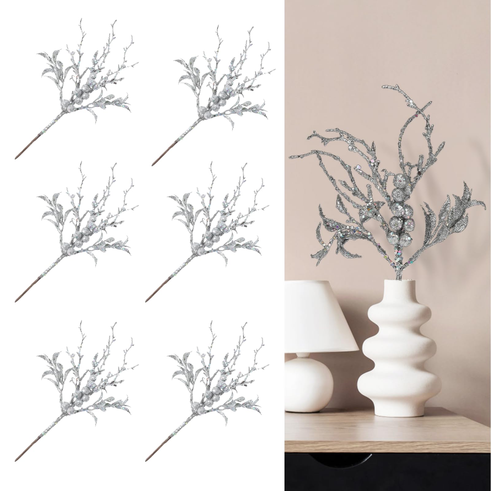JUKIDS 6Pcs Artificial Christmas Glitter Berry Holly Leaf, 11Inch Silver Sprays Twig Stem Fake Tree Branch Spray Christmas Tree Ornament for DIY Xmas Wreath Wedding Garland Decorations