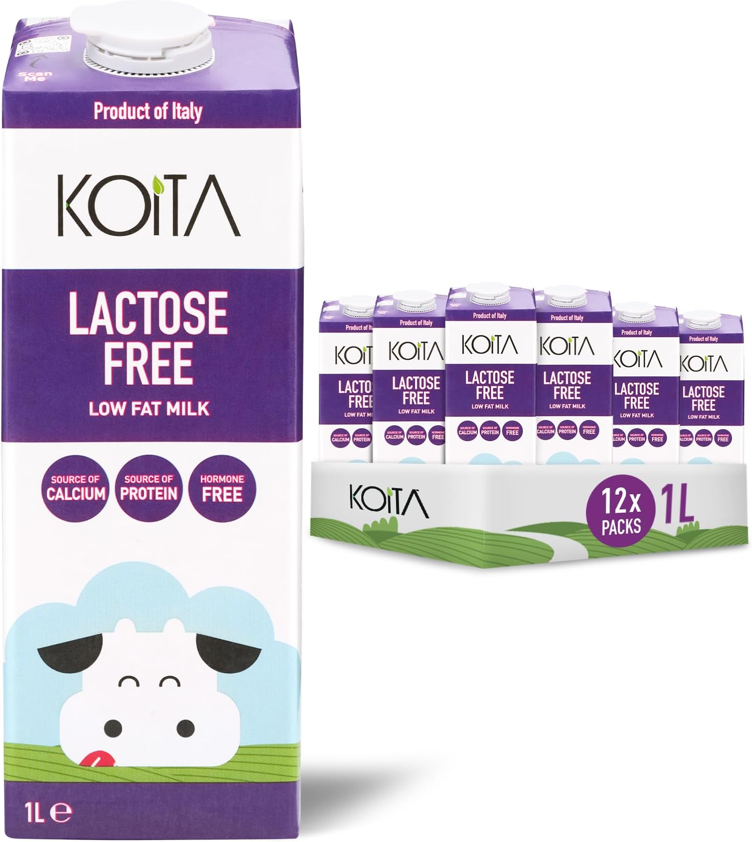 Koita Lactose-Free Low Fat Milk (1L, 12-Pack) - No Added Hormones, Easy to Digest, Vitamin Enriched, Made in Italy