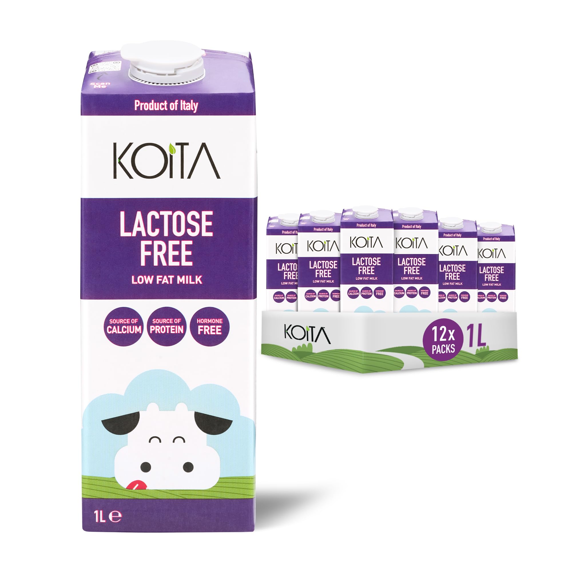 KoitaLactose-Free Low Fat Milk (1L, 12-Pack) - No Added Hormones, Easy to Digest, Vitamin Enriched, Made in Italy