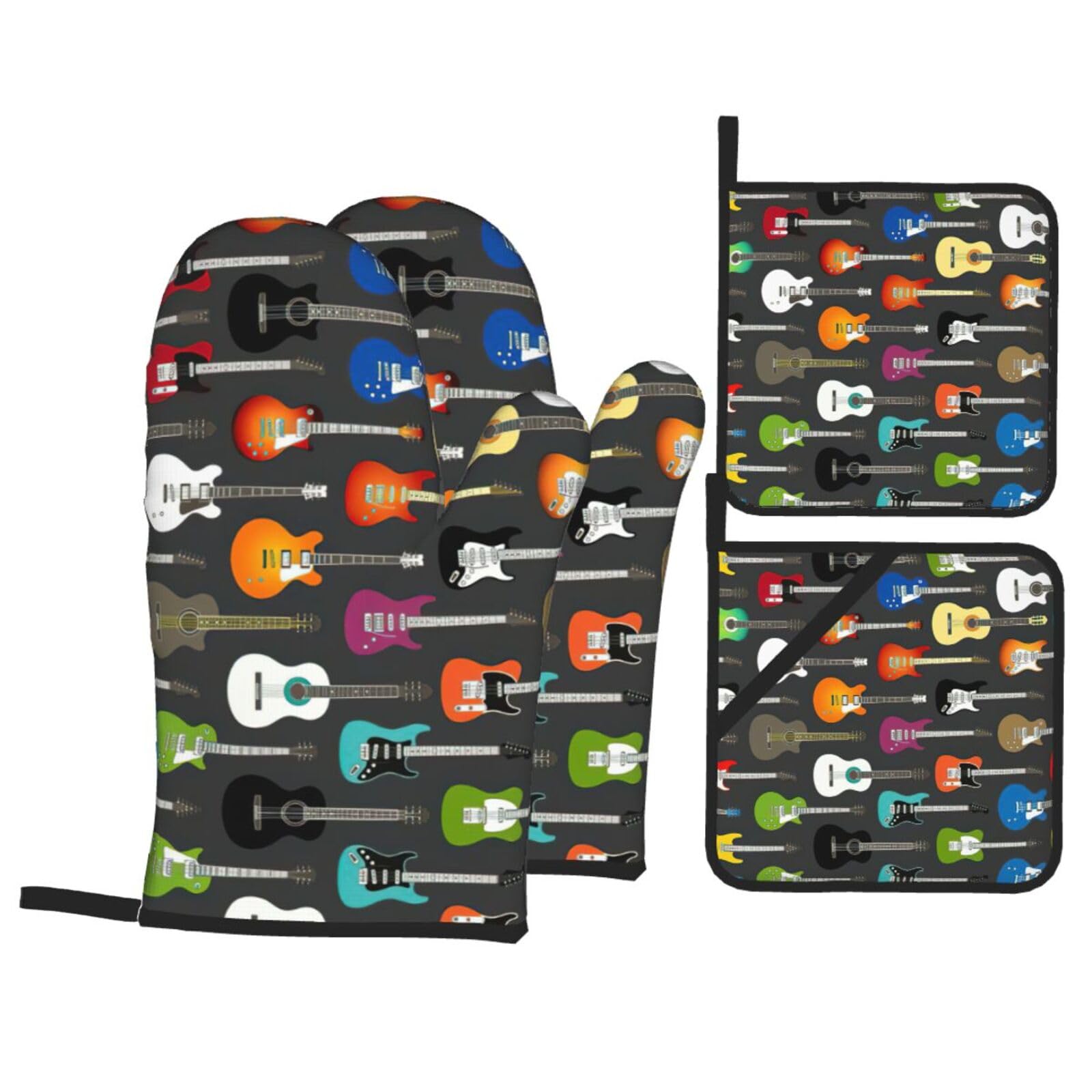 Color Acoustic and Guitars Print Stylish 4-Piece Microwaving Oven Waterproof Kitchen Gloves Baking Holiday Cooking