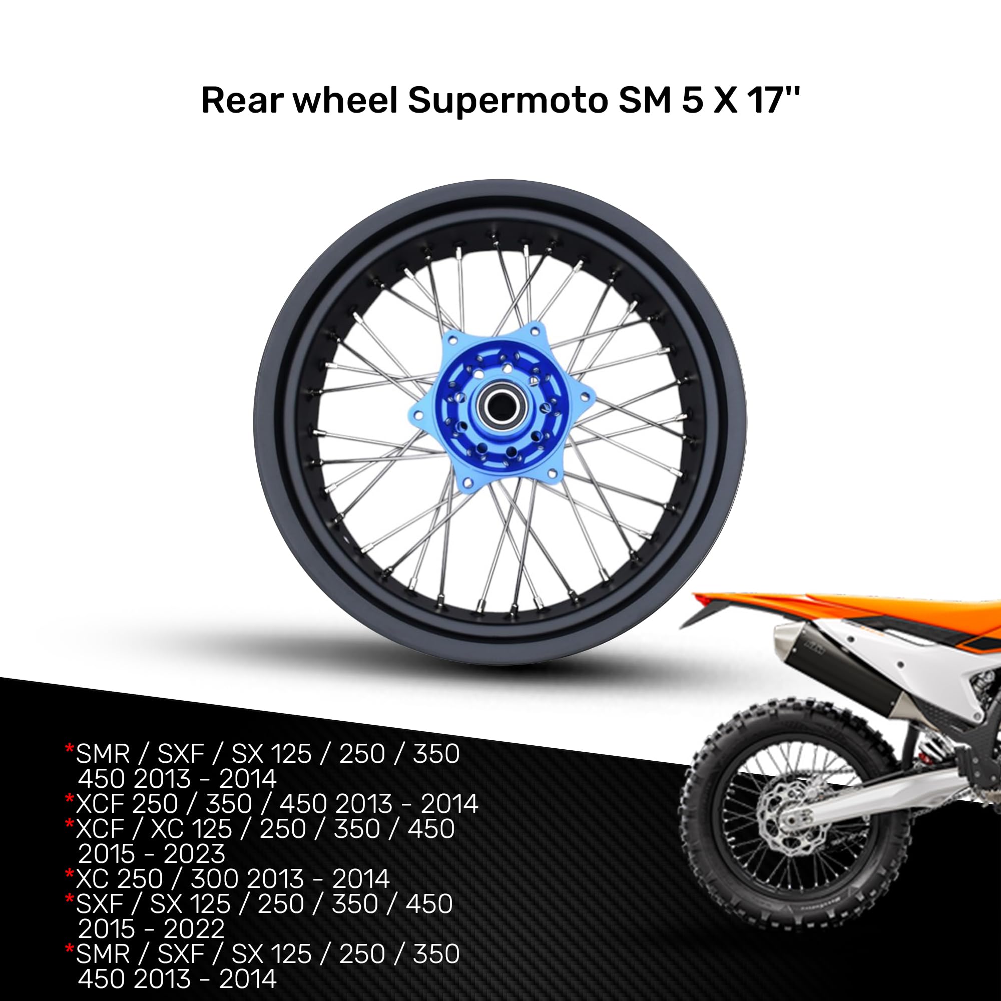 avdb -moto felga/szprychy koło tylne 5" x 17" kompatybilne z KTM SX 150 2013-2014, SXF 250 SX-F 2013-14, SXF 350 SX-F 2013-14, HUSQVARNA FS 450 FS450 16-22, GAGAS MC 125 21-23 Supermoto (niebieskie)
