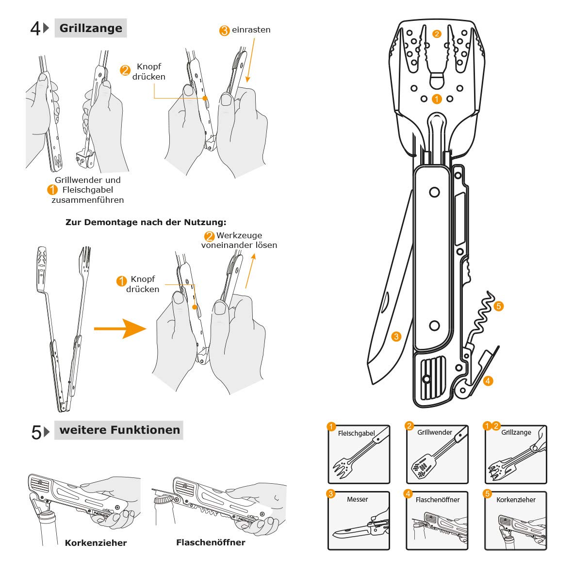 Multi-Tool | Grillbesteck-Set Mit 6 Werkzeugen | Ideal für Grill-Fans, Camping & Outdoor | Edle Geschenkverpackung