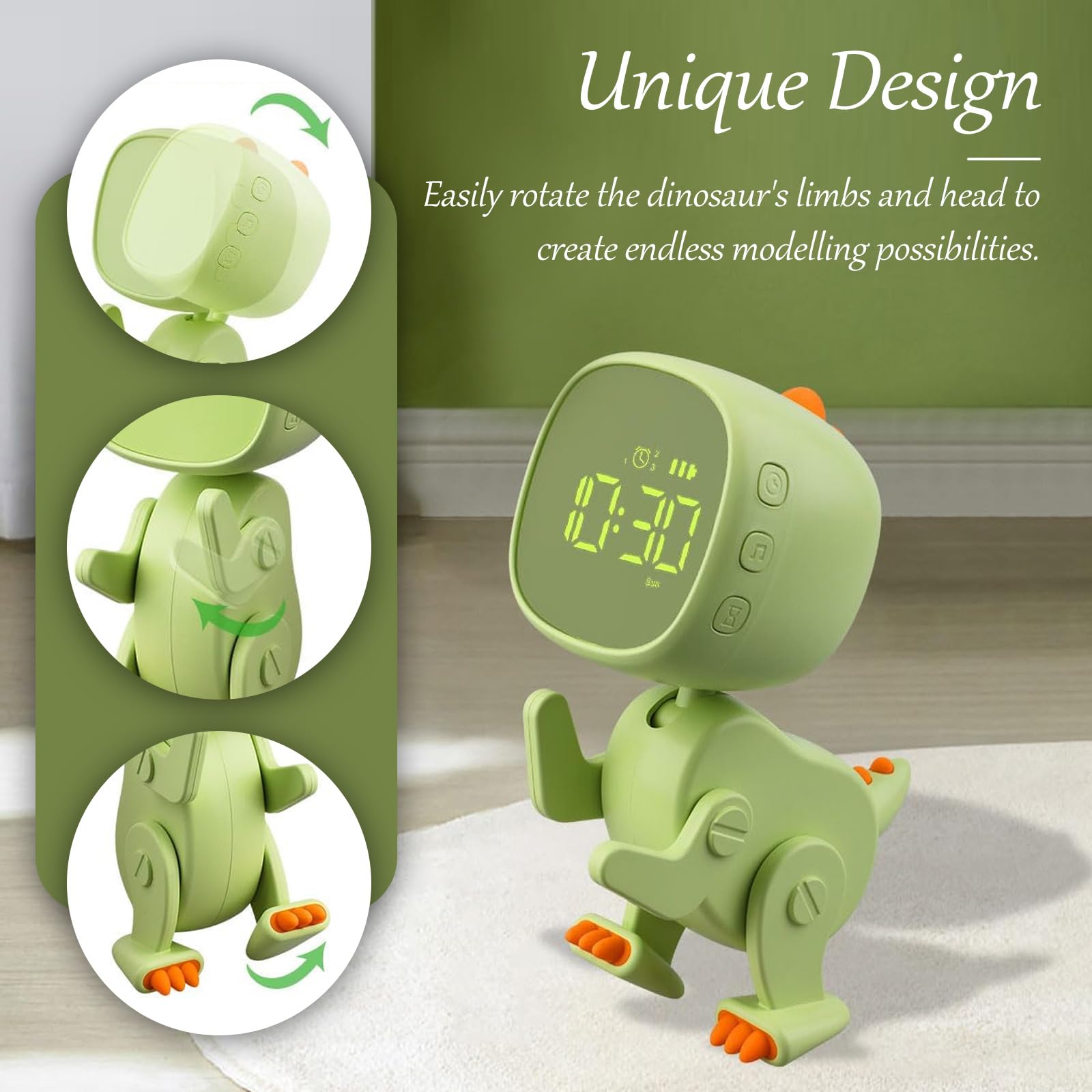 Reloj despertador digital para niños, luz nocturna de dinosaurio con 3 grupos de alarma, sonido y brillo regulable en carga USB, color verde