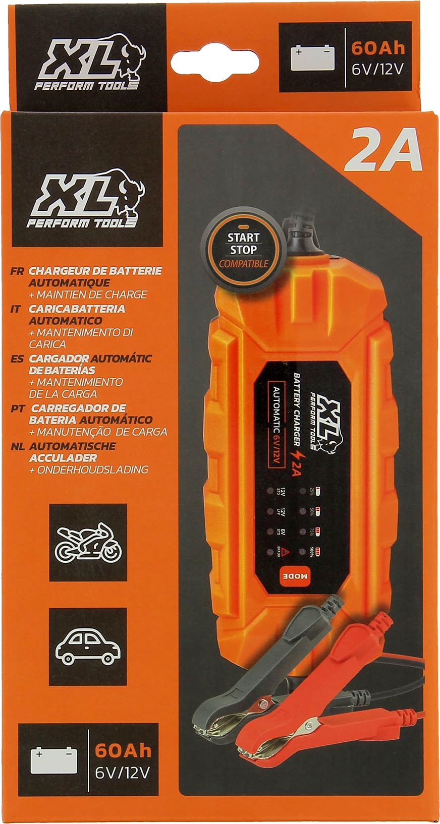 XL Perform Tools 553995 Chargeur de Batterie de Petite Cylindrée 6V/12V 2A, Chargeur de Batterie Intelligent Compact, Maintien de Charge