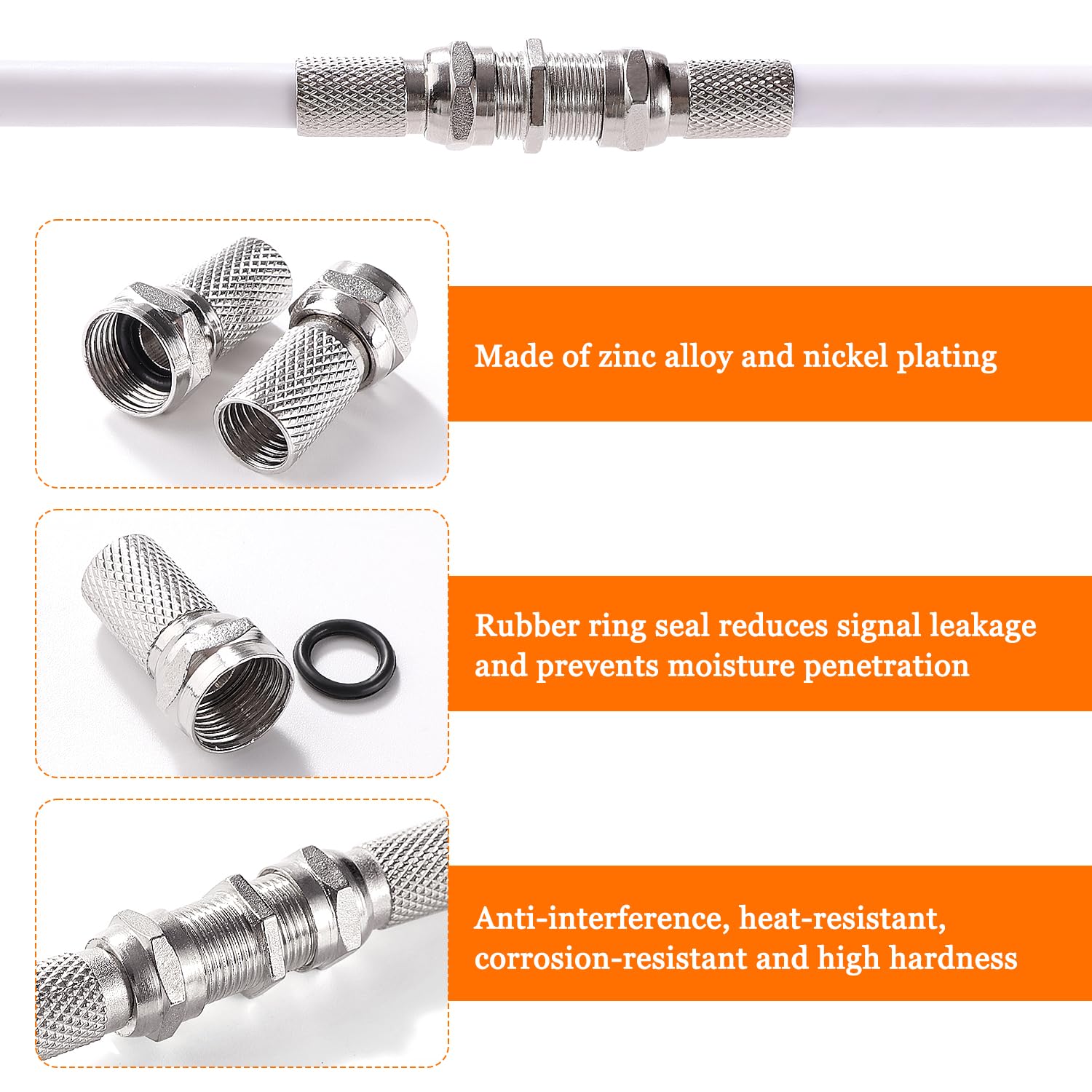 Connecteurs à Vis de Type F pour Câble Coaxial RG6, Argent, 10 Pièces