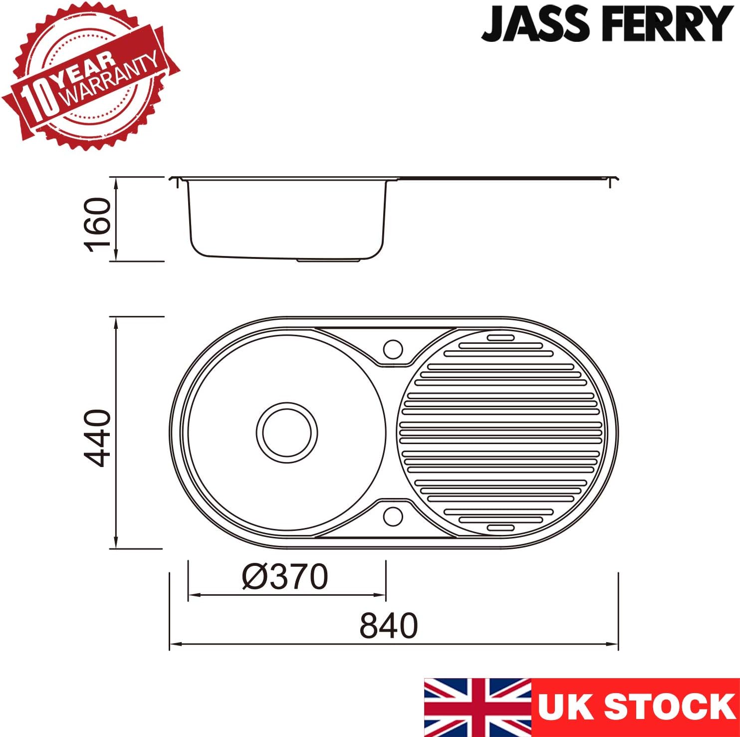 JASSFERRY Stainless Steel Round 1.0 Single Bowl Topmount Installation Kitchen Sink Caravan Inset with Reversible Drainboard 10 Years Warranty - Image 3