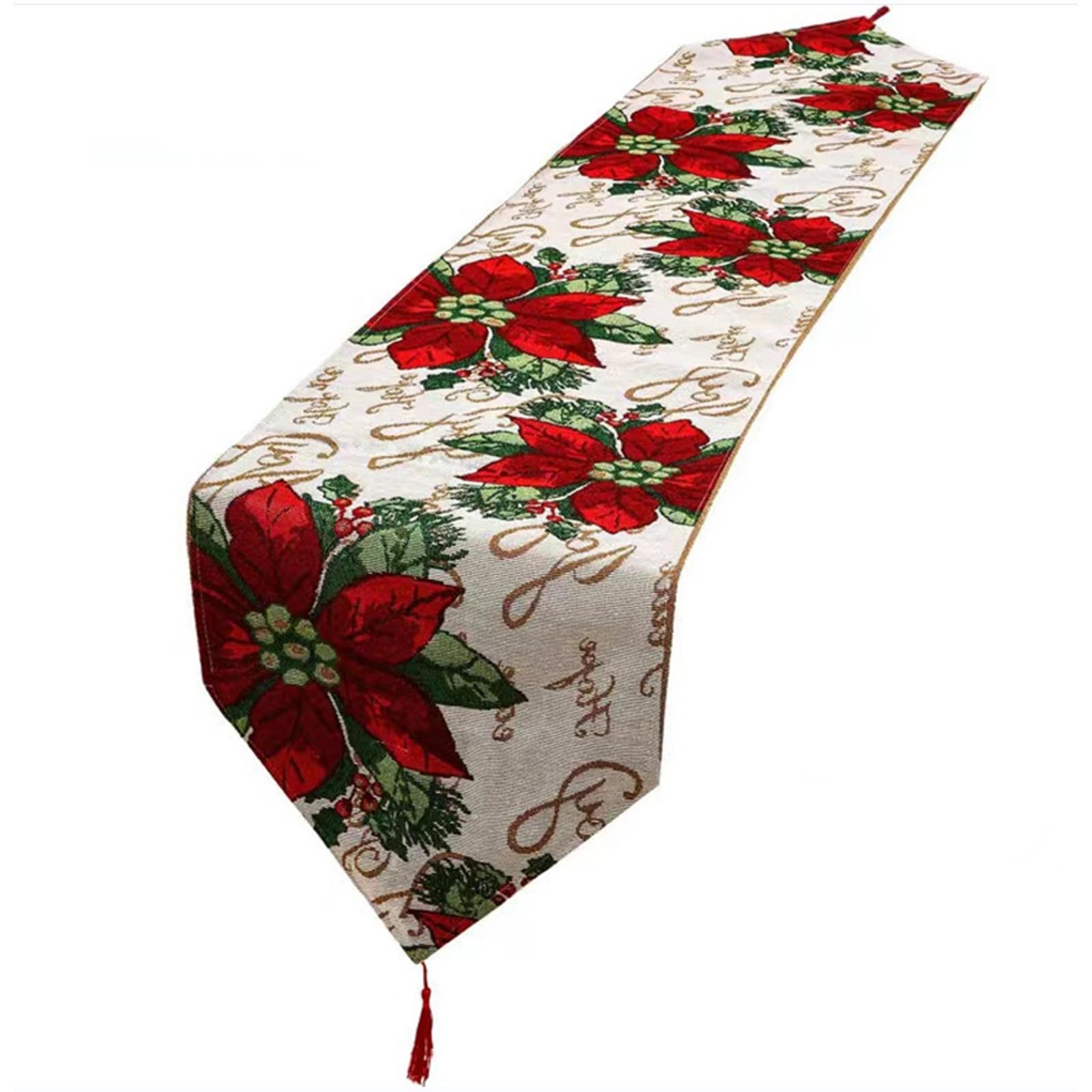 Christmas Table Runner 72 Inch*13 Inch Classic Flowers Pattern with Tassels Kitchen Dining Table Coffee Table Cloth for Outdoor and Indoor Christmas