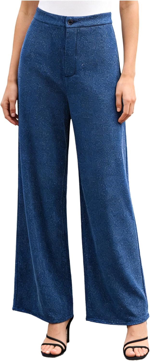 Hularka Womens Sparkly High Waisted Wide Leg Pants Shiny Baggy Palazzo Trousers Raves Party Clubwear