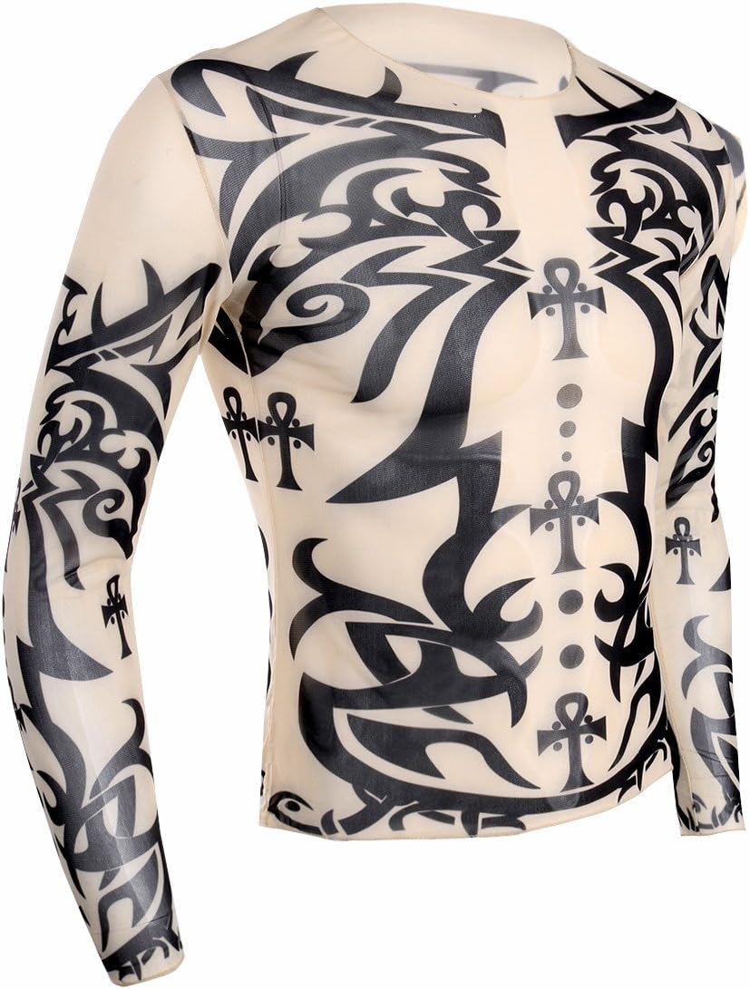 Men's Fake Tattoo Tribal Inspired Print Elastic Long Sleeve T-Shirt Tops Clubwear
