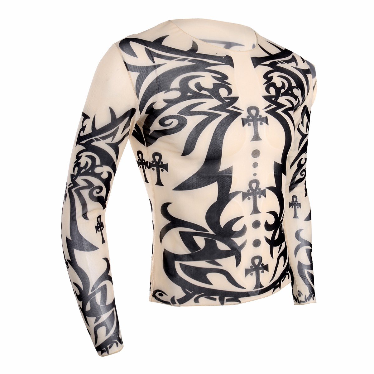 iiniimMen's Fake Tattoo Tribal Inspired Print Elastic Long Sleeve T-Shirt Tops Clubwear