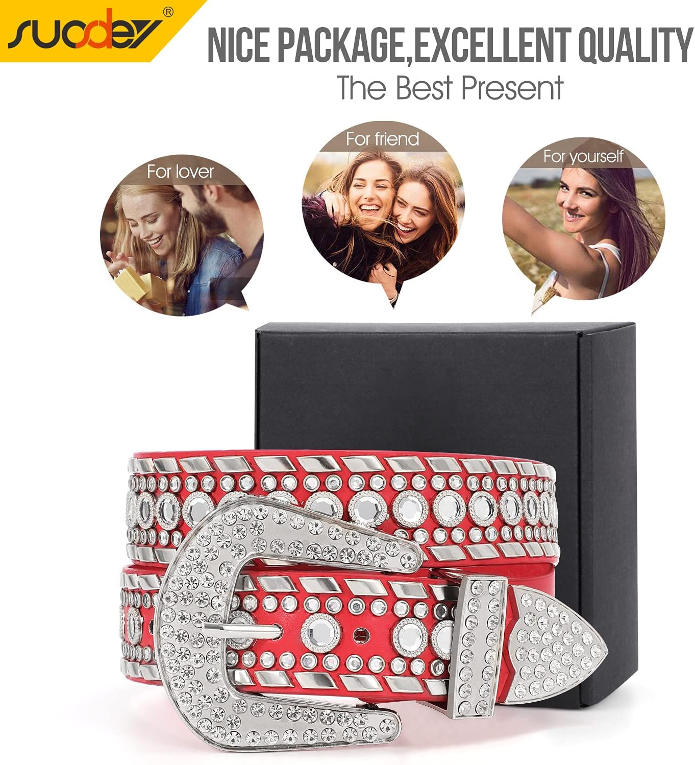 SUOSDEY Rhinestone Belt for Men Women Western Cowboy Cowgirl Bling Studded Leather Belt for Jeans Pants - Image 5