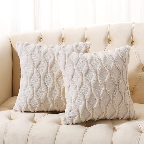 Volcanics Pack of 2 Christmas Faux Wool Throw Pillow Covers 20x20 Inches Decorative Farmhouse Velvet Couch Pillow Case Soft Plush Square Boho Cushion Pillowcase, Beige