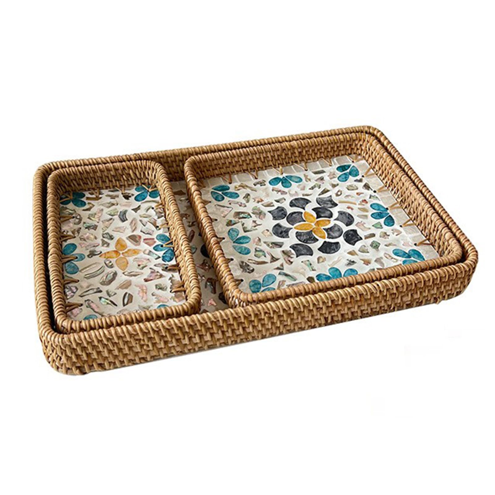 Handmade Set of 3 15in Rattan Serving Tray with Mother of Pearl Inlay Rectangle Woven Basket Tray for Boho Tabletop Drinks Snack Fruit Storage Platter Tray Perfect for Dining Coffee Home Dec