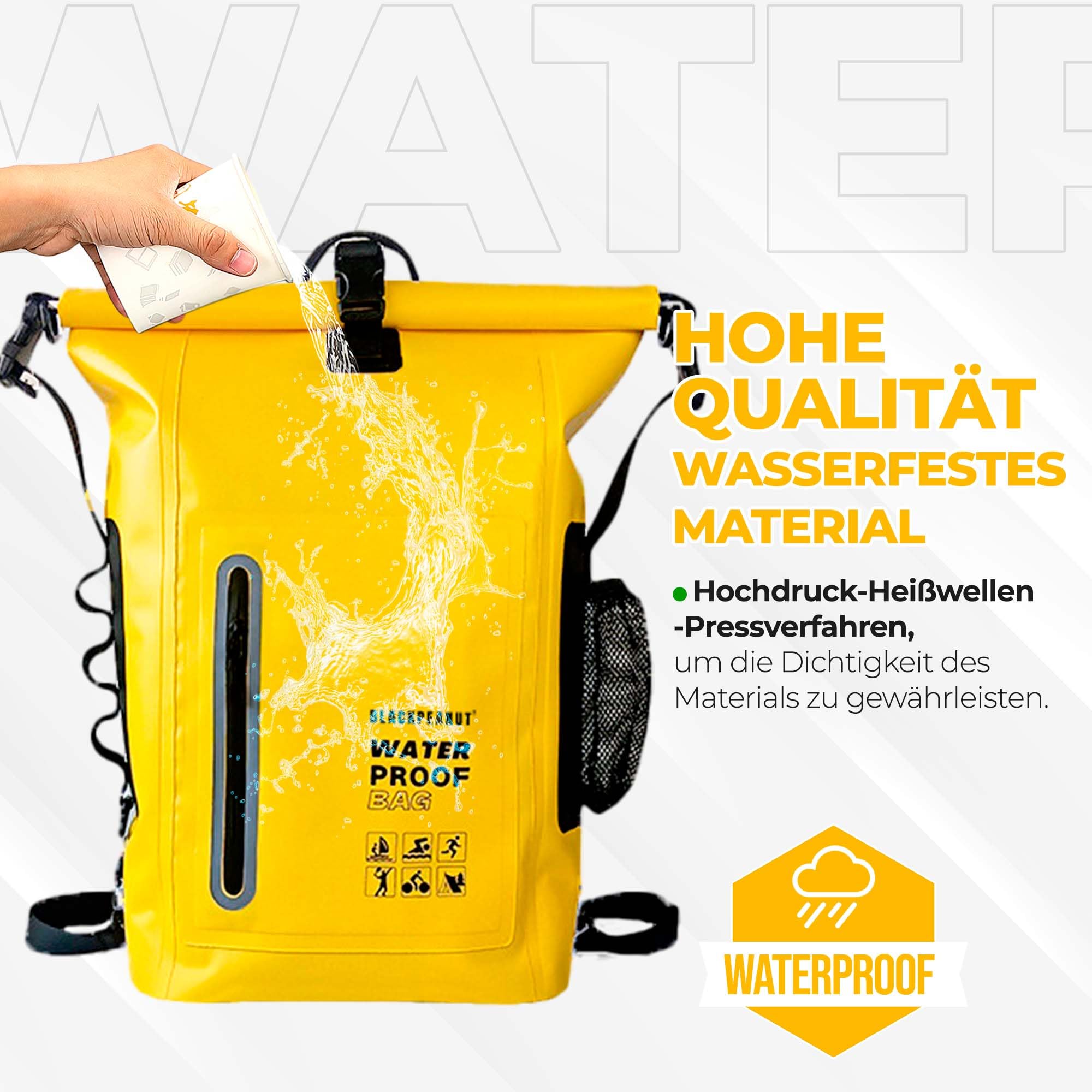 Wasserdichter Rucksack mit 25 Litern, Bequeme Trockentasche mit Außentasche für Wasserflasche, Drybag, Ideal für Wasseraktivitäten und Outdoor