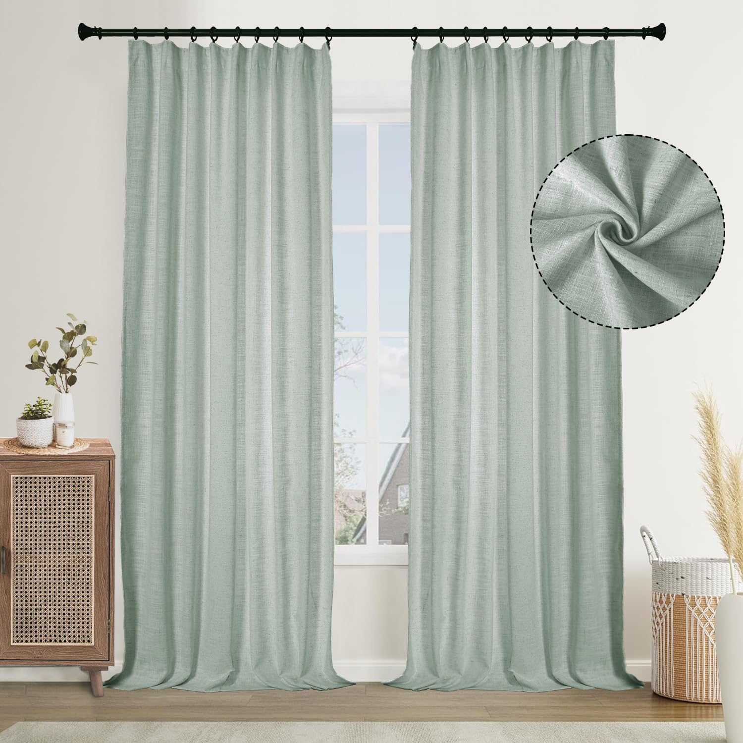 Room Darkening Curtain 88 inches Long Faux Linen Thermal Insulated for Living Room Bedroom Rod Pocket/Back Tab/Hook Belt/Clip Rings 4-in-1 Header Curtain, 52W x 88L, Aqua, 1 Panel