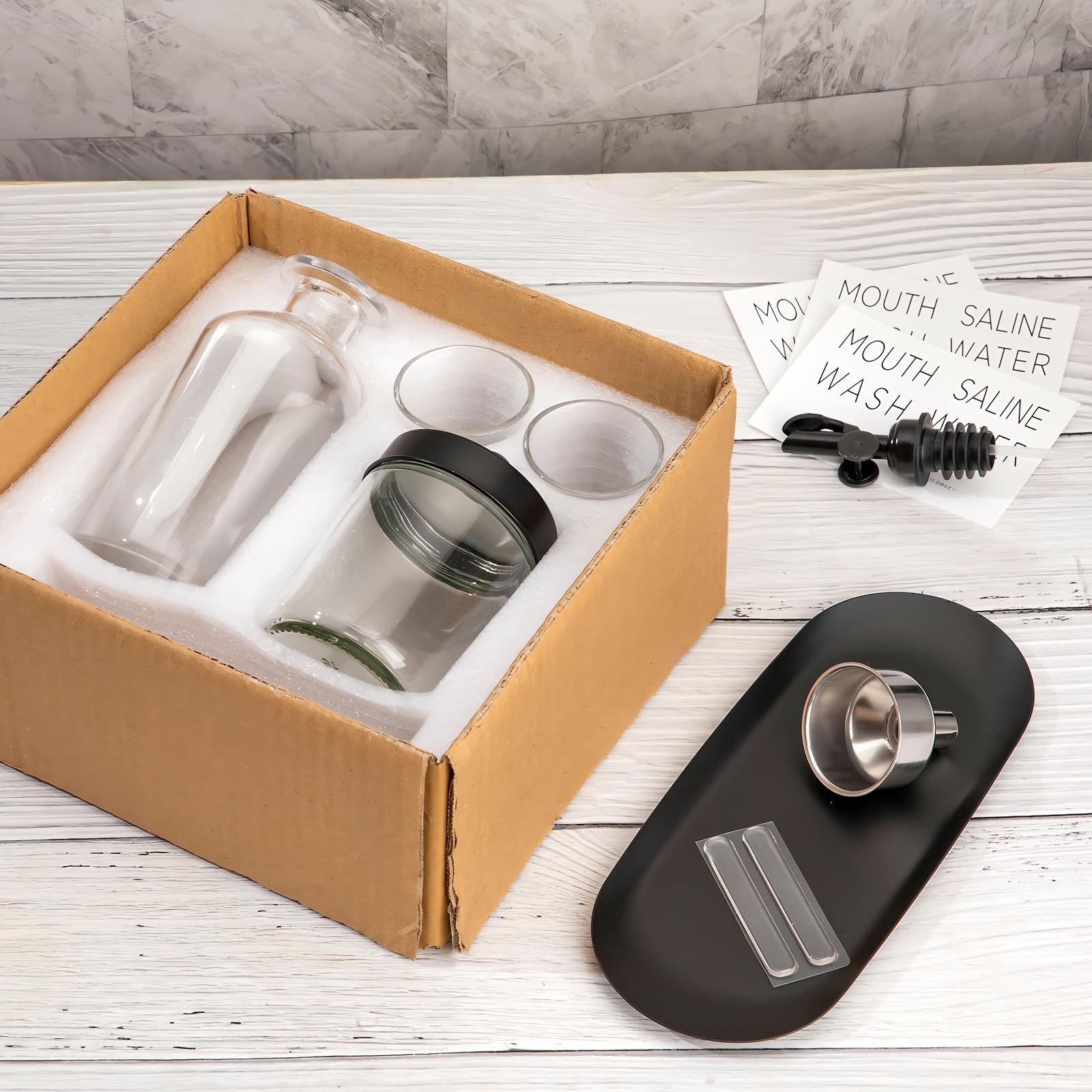 TOLDATLI Mundspülspender Aus Glas, Schwarz, 473 Ml – Mit Tasse & Automatischem Klappdeckel, Nachfüllbar Fürs Badezimmer