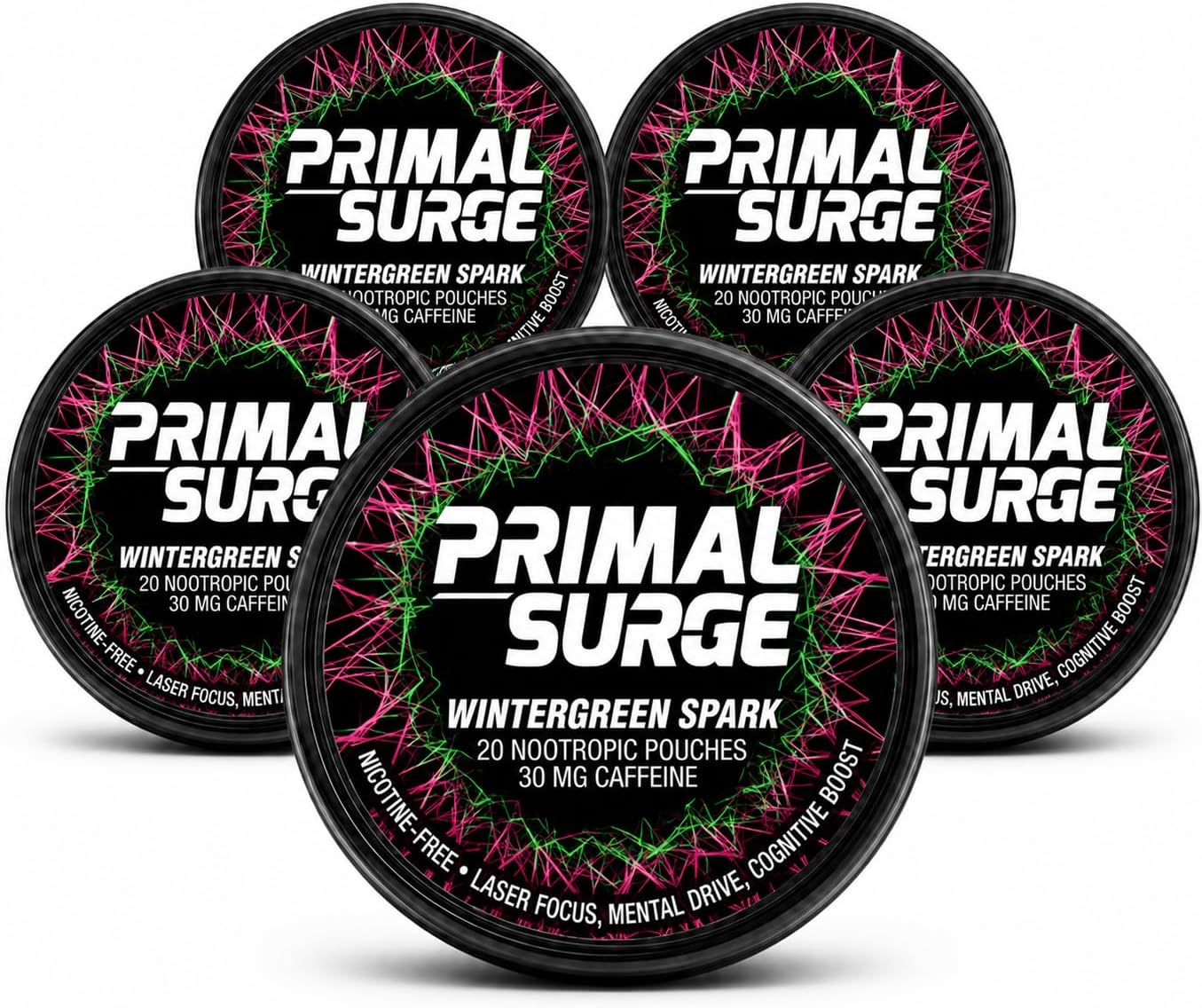 Caffeine Nootropic Pouches - Primal Surge Energy Pouches with 30mg Caffeine, L-Tyrosine, Taurine, Nicotine Free, No Sugar or Artificial Sweeteners - 20 Pouches - 5 Pack (Watermelon Berry Wave)