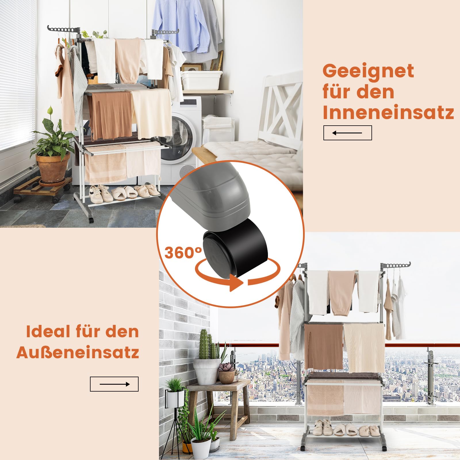 COSTWAY Opvouwbaar droogrek met verstelbare vleugels, sokkenclips en schoenenrek, uitschuifbaar, beige, 163 cm