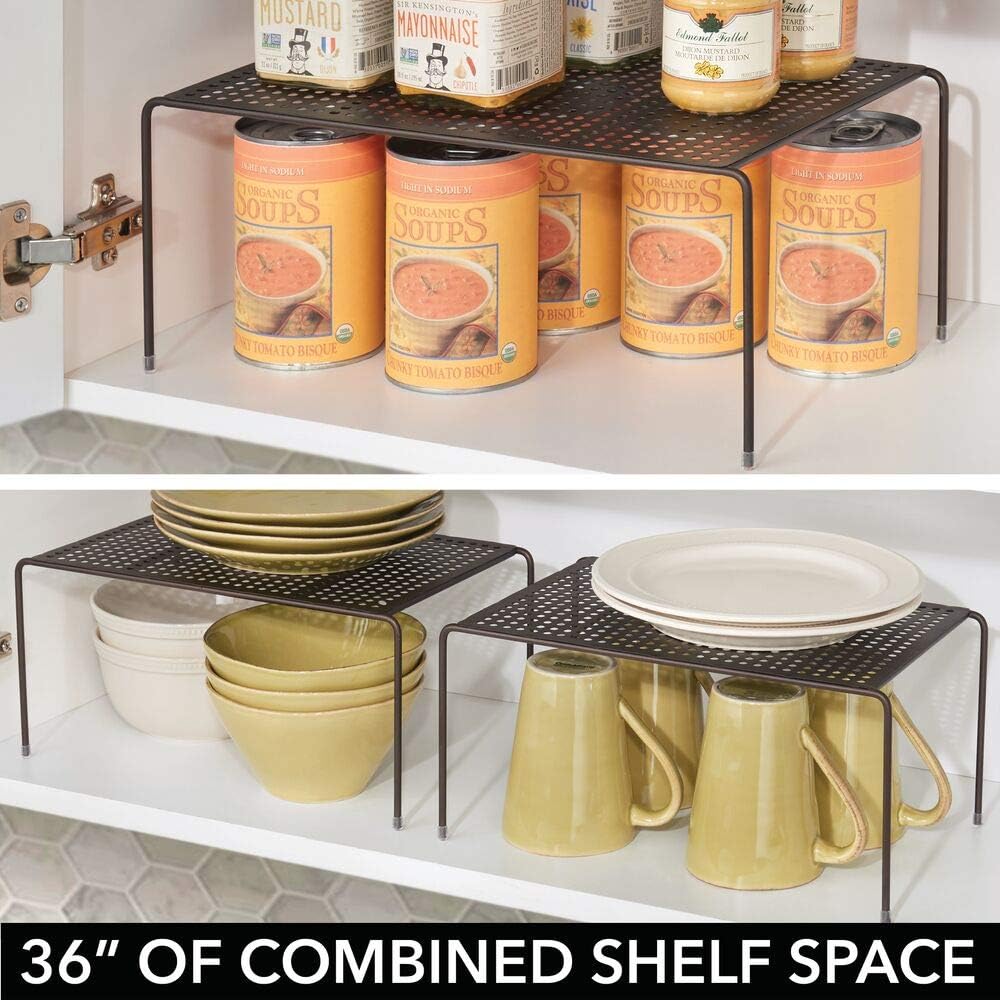 mDesign Adjustable Modern Metal Kitchen Cabinet, Pantry, Countertop Organizer Storage Shelves: Expandable and Stackable - 3 Piece Set - Durable Steel, Non-skid Feet - Bronze