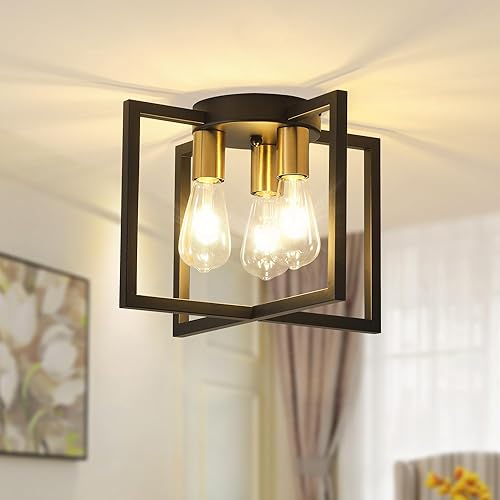 Miniatura 8 de Lámpara de techo semiempotrada de 4 luces, color negro, moderna lámpara industrial de granja con pantalla geométrica de metal, cocina, pasillo, baño